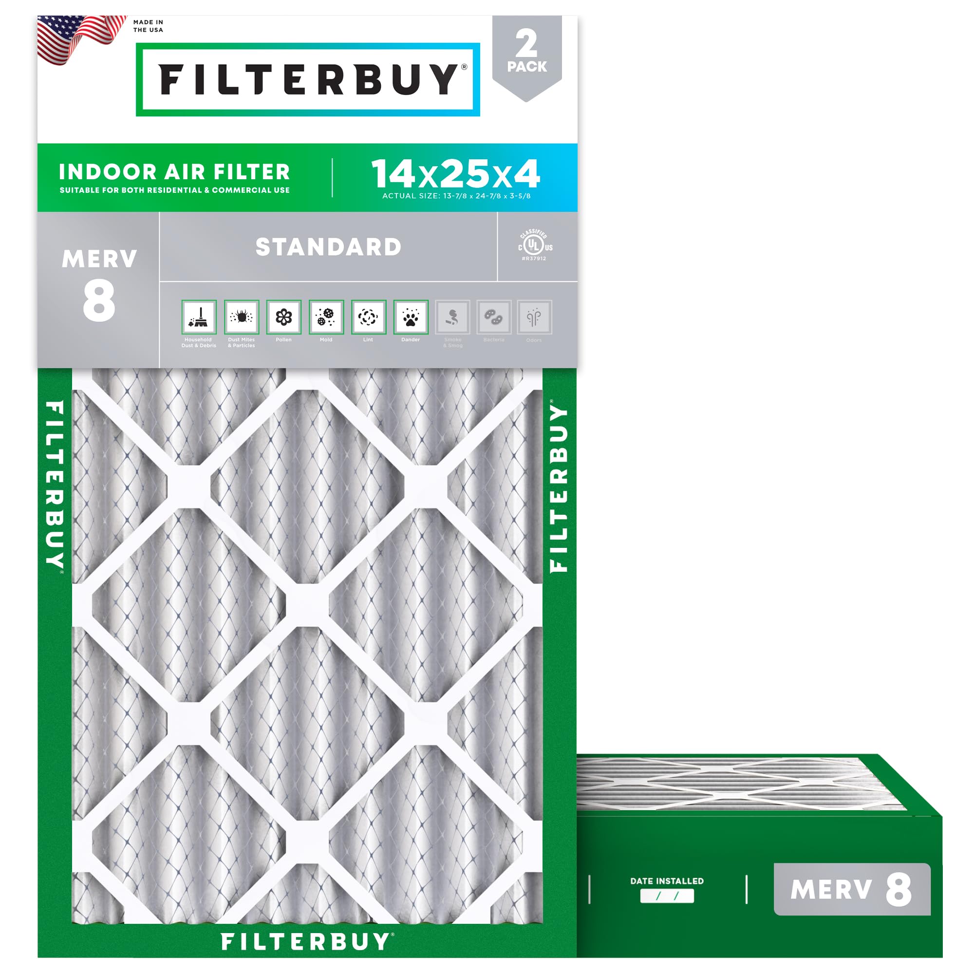 Filterbuy 14x25x4 Air Filter MERV 8 Dust Defense (2-Pack), Pleated HVAC AC Furnace Air Filters Replacement (Actual Size: 13.88 x 24.88 x 3.63 Inches)