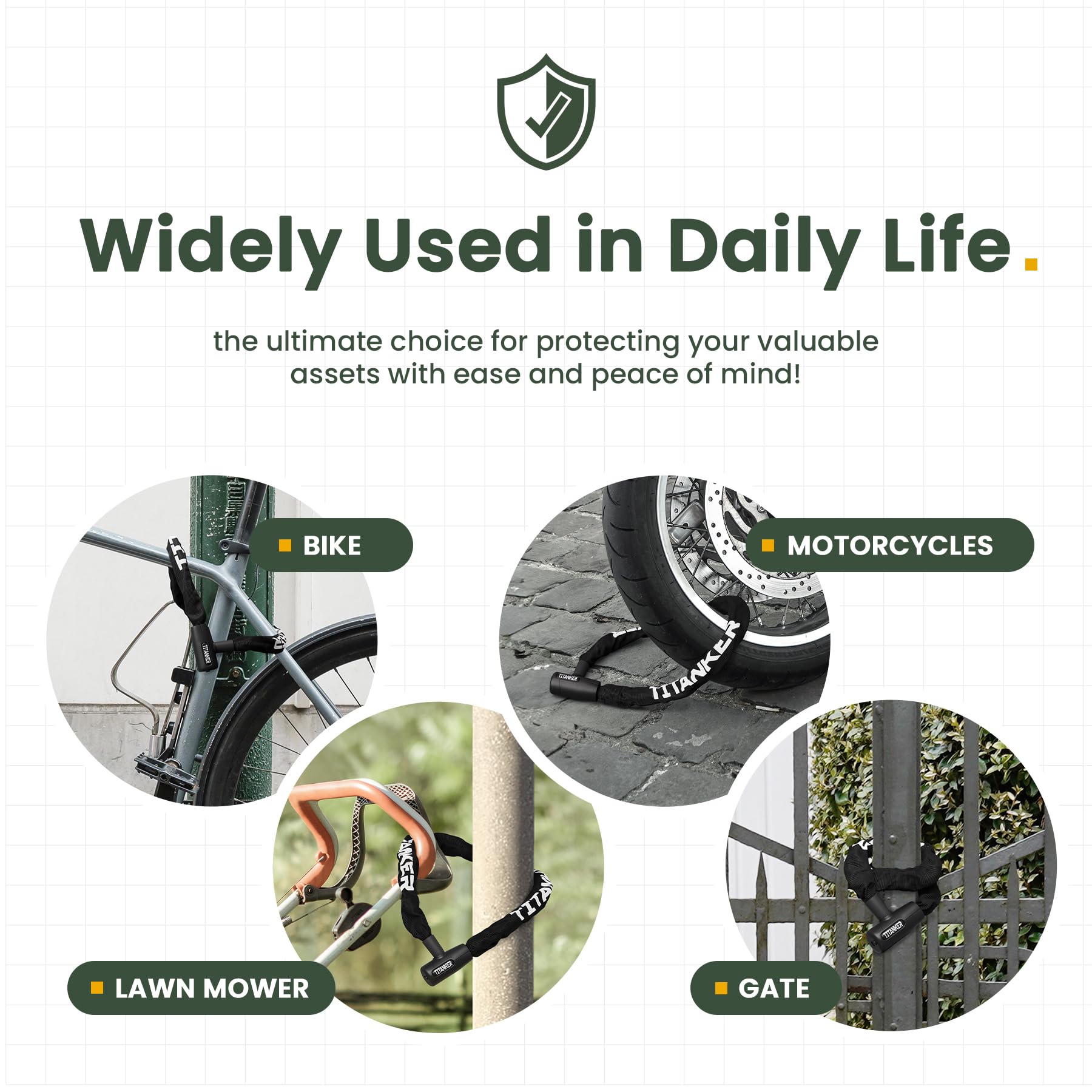 Titanker Bike Chain Lock, Security Anti-Theft Chain Lock for Motorcycle, Bicycle, Door, Gate, Fence, Grill (6mm, 8mm, 10mm Thick Chain) (Black-8mm Chain)