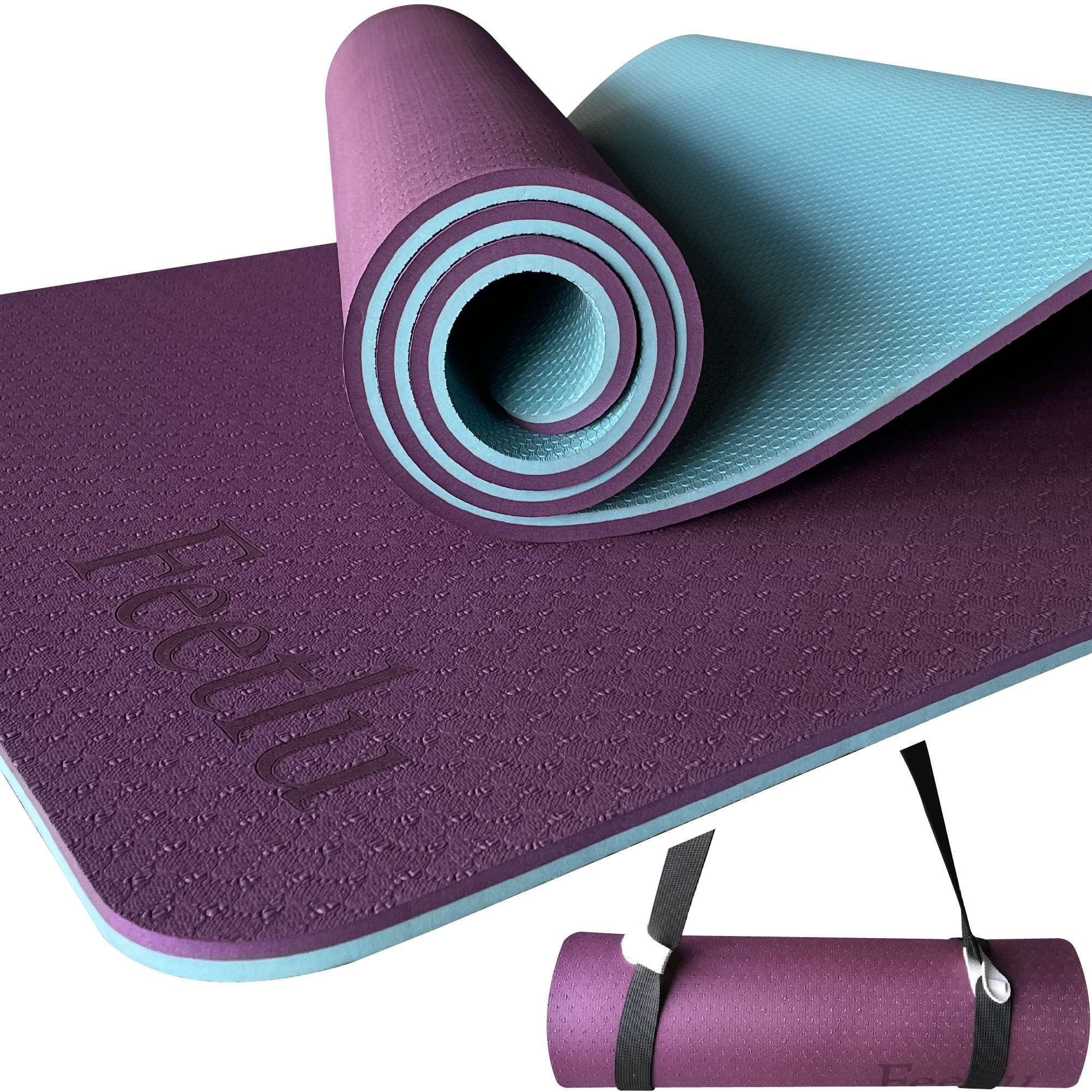 Feetlu Exercise Mat Thick Yoga Mat Eco TPE Material, 2/5" Ultra Thick Non Slip Flooring Exercise Mat with Carry Strap, Fitness Exercise, Home Workout (Dark Purple/Blue Gray)