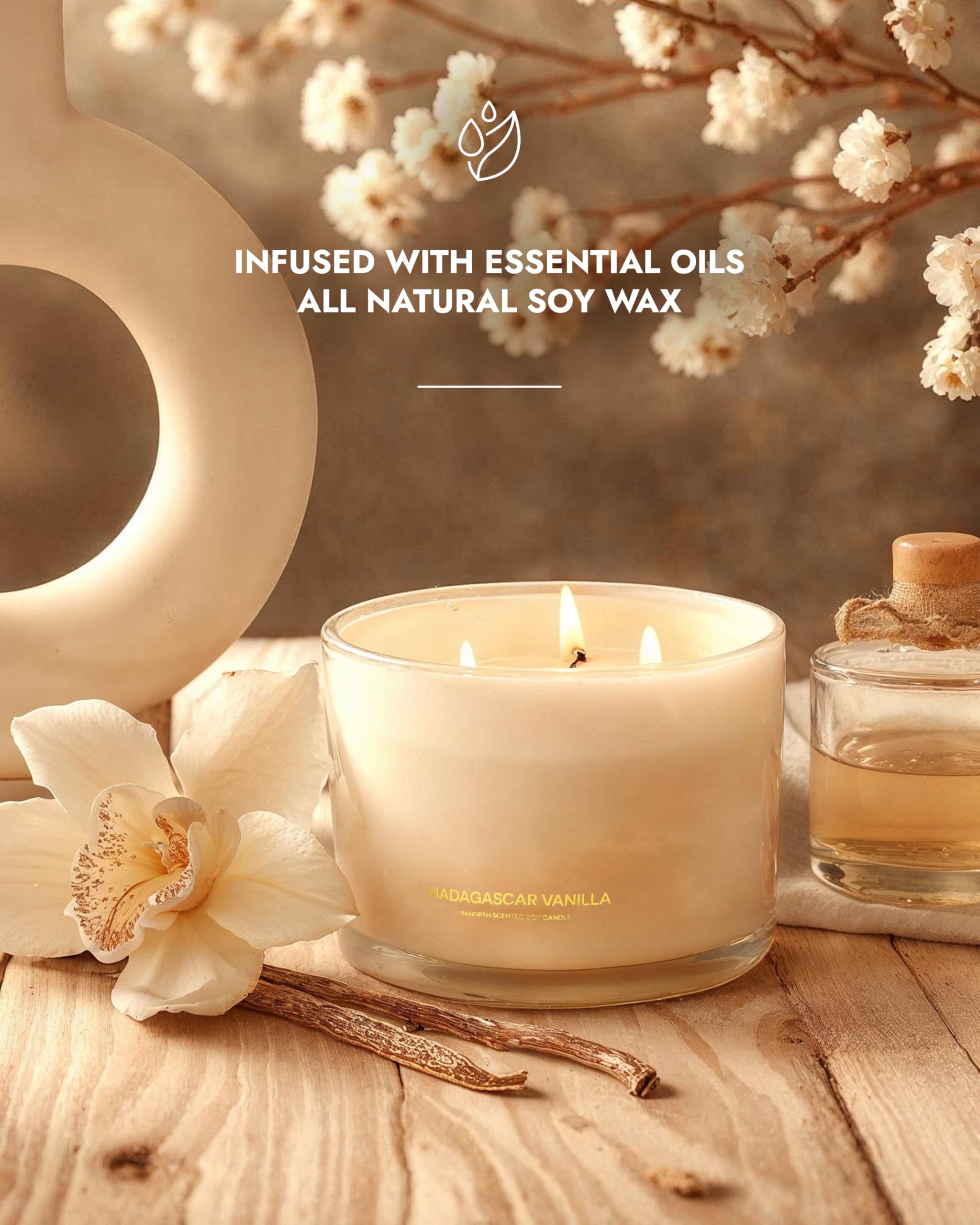 96NORTH Luxury Vanilla Soy Candles | Large 3 Wick Jar Candle | Up to 50 Hours Burning Time | 100% Natural Soy Wax | Relaxing Aromatherapy Aesthetic Candle | Housewarming Gift for Men and Women