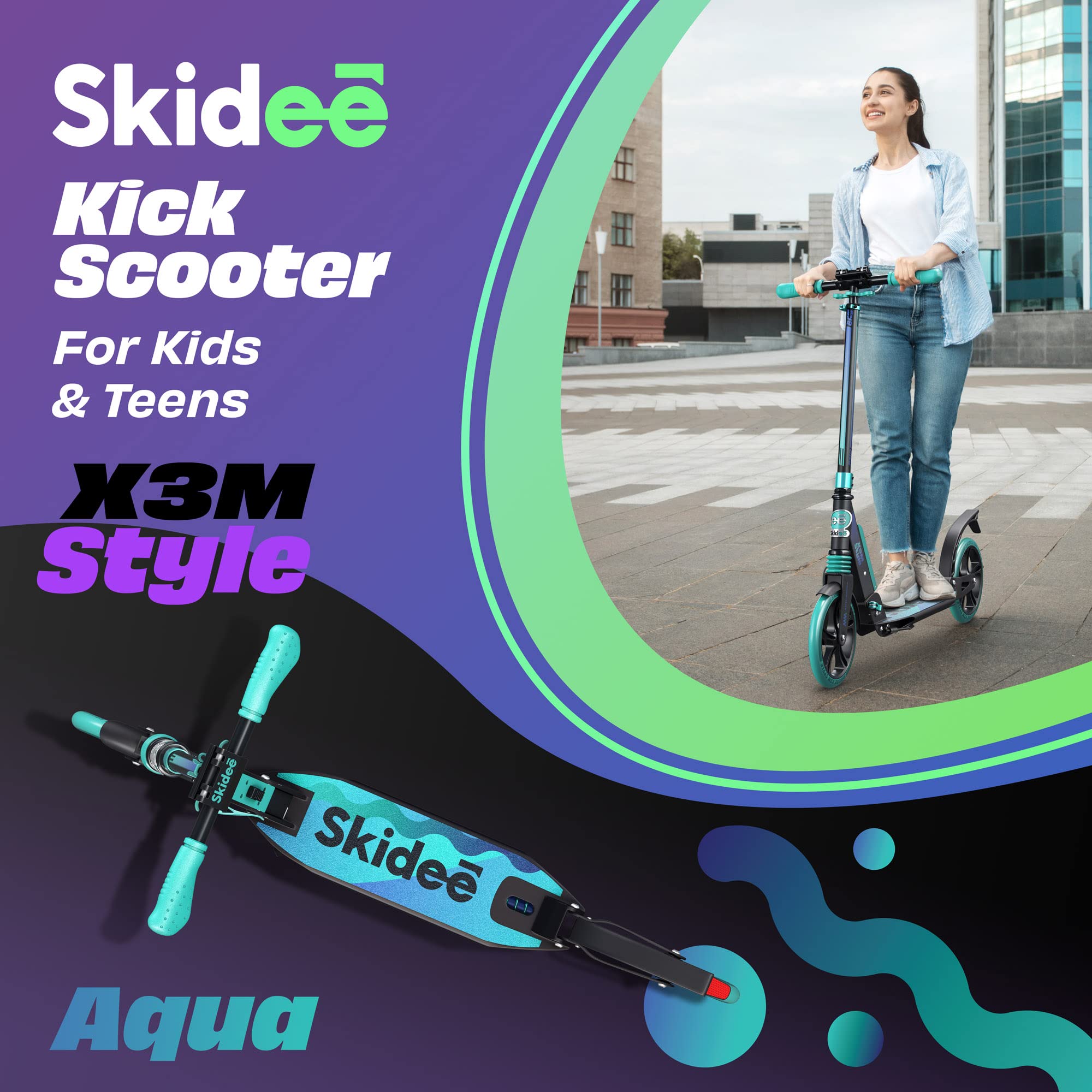 Skidee Kick Scooter for Kids Ages 6+ - Adjustable Handlebar Up to 41" High, Large Wheels, Anti-Shock Suspension - Foldable, Lightweight Scooters for Kids, Teens & Adults, Max Load 220 Lbs