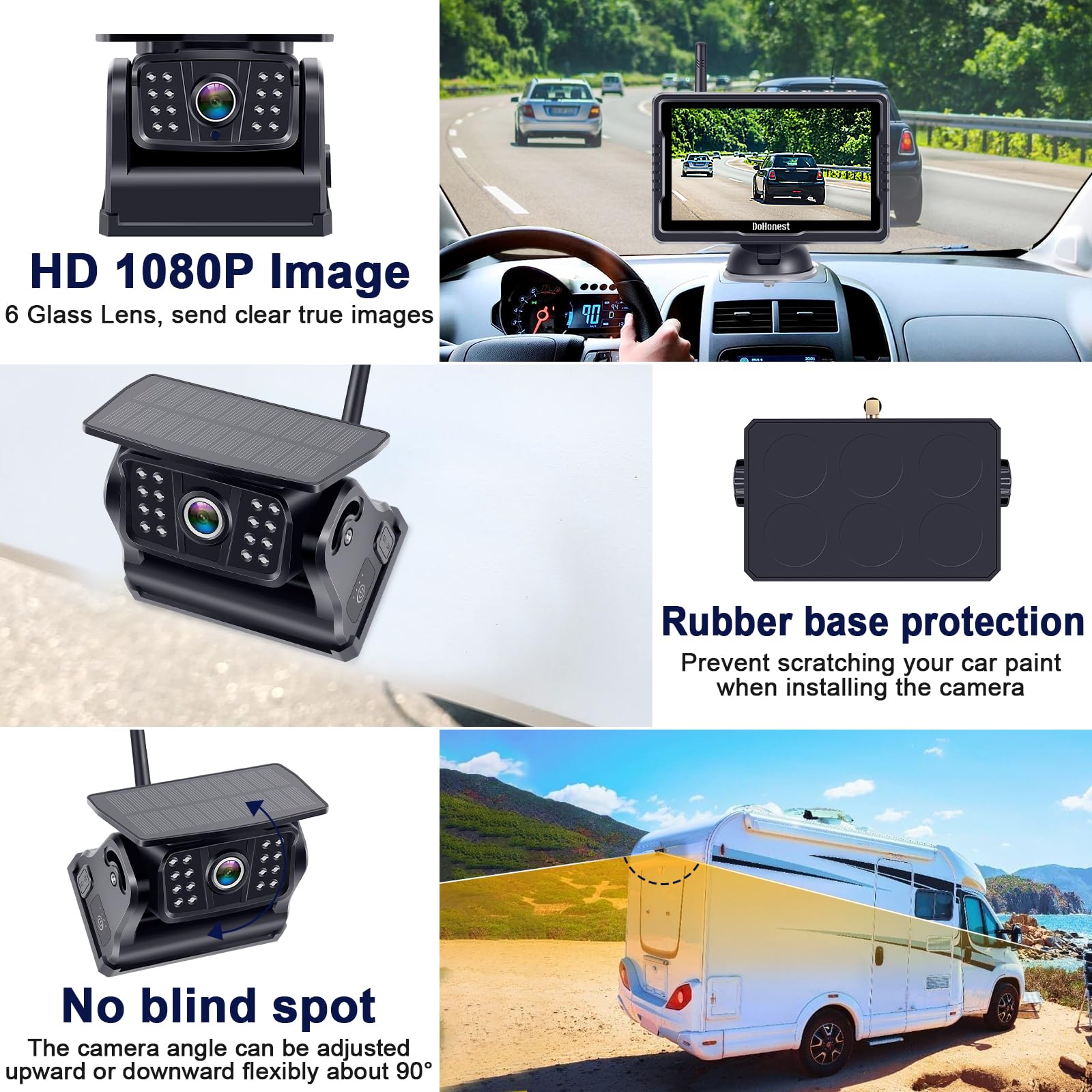 Wireless Backup Camera Solar Magnetic: Portable Cordless Scratch-Proof Truck Trailer Hitch Rear View Camera HD 1080P No Wiring No Drilling Rechargeable 5'' Monitor Kit for Car RV Camper - DoHonest R50