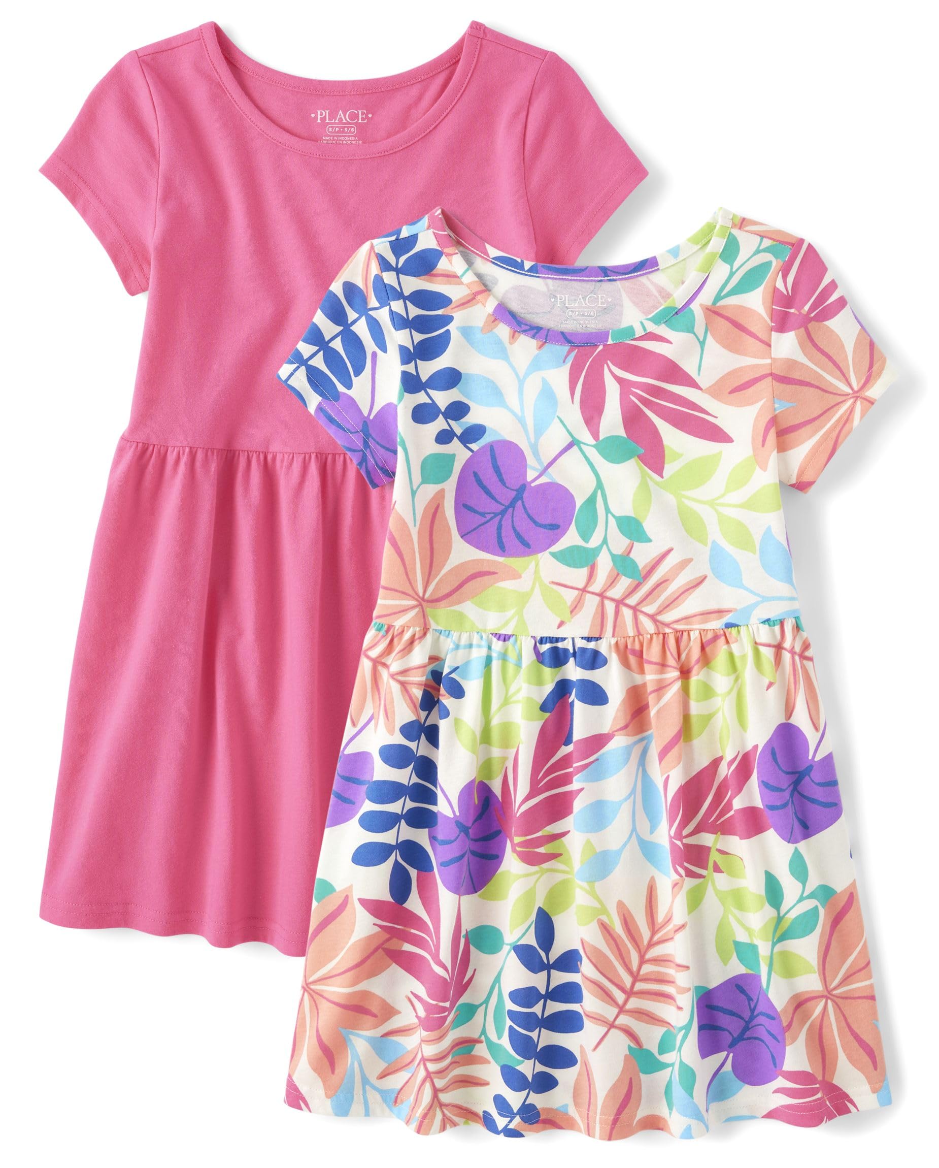 The Children's Place Girls' Short Sleeve Everyday Dresses, Pink Tropic 2-Pack