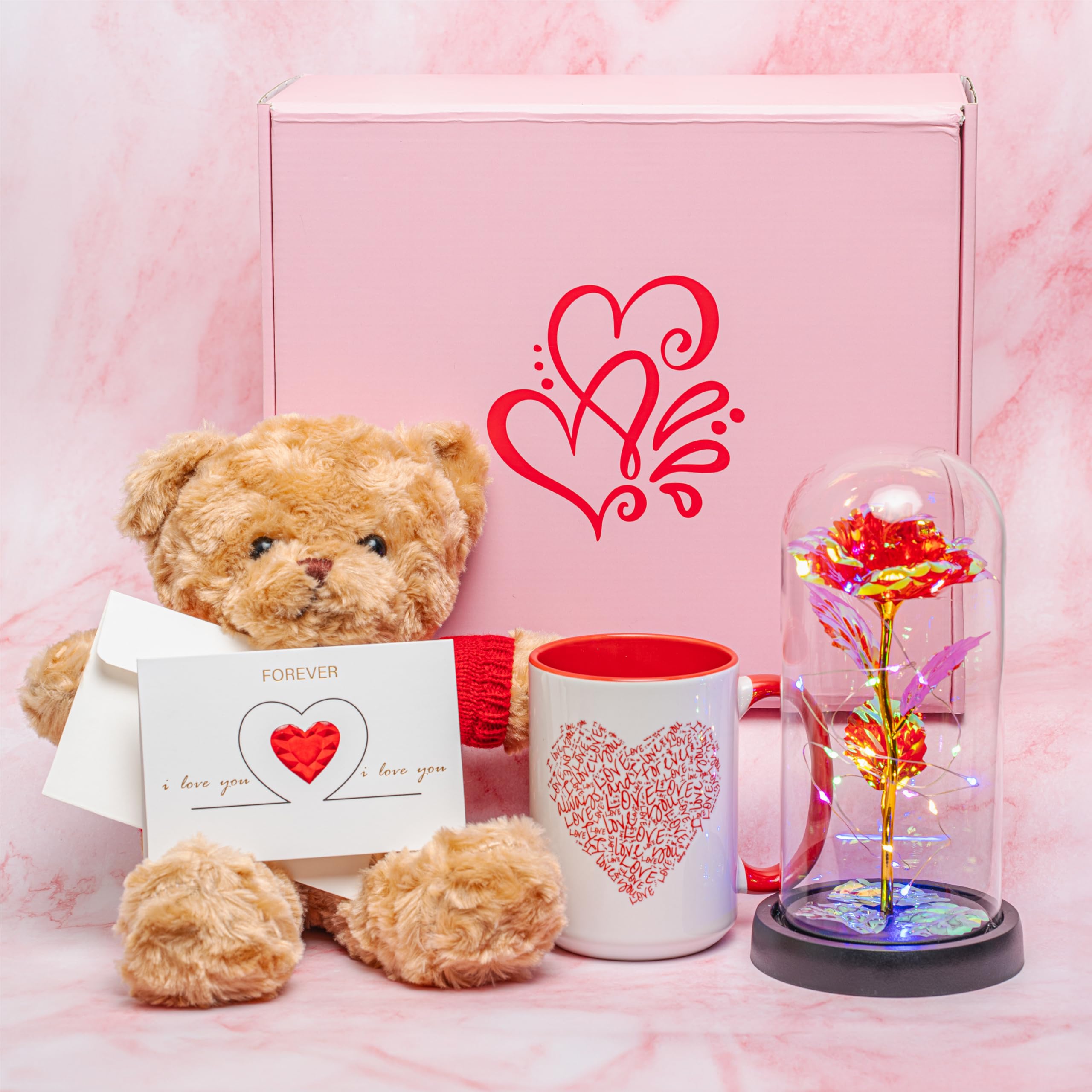 Ultimate Love Box 4 Piece Gift Set - 15oz Ceramic Mug, Soft Teddy Bear, Led Red Rose, Love Card - Romance Girlfriend Boyfriend Wife Husband Mom Dad Anniversary Birthday Valentines Day Christmas Gift