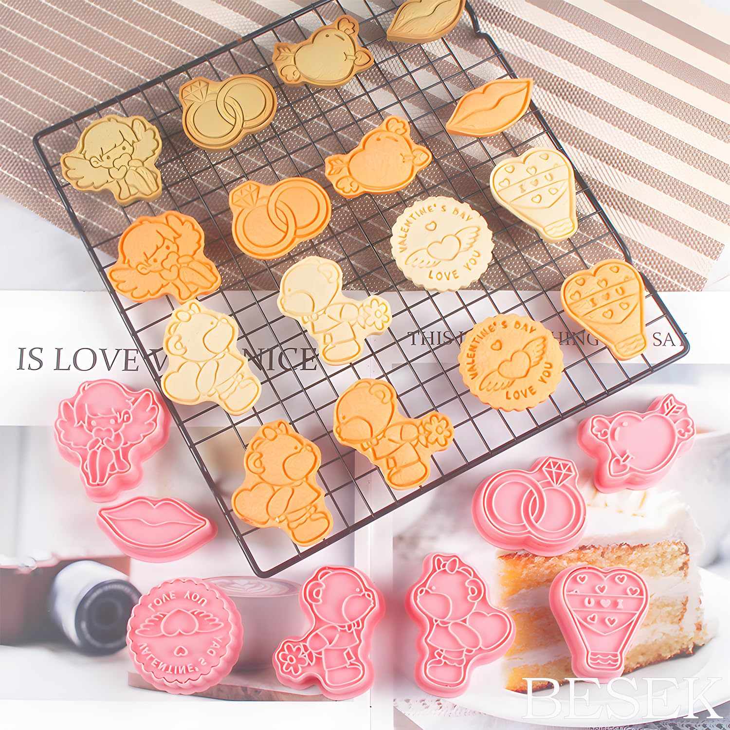 BESEK Valentine's Day Cookie Cutters: With Plunger Stamps Set, 8 Piece 3D Embossing Cutters For Biscuit Fondant Cheese Baking Molds