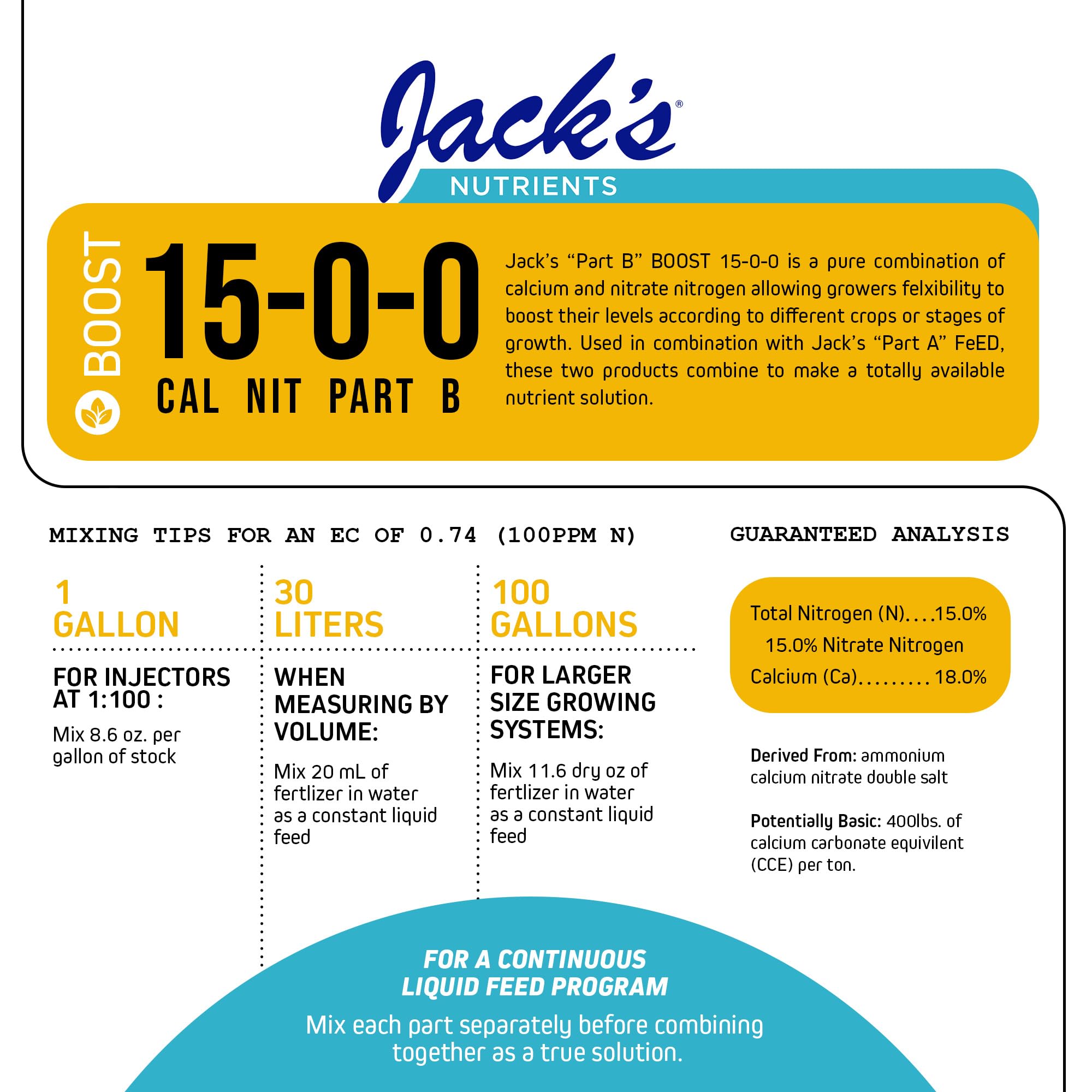Jack's Classic Nutrients 15-0-0 Part B Water-Soluble Fertilizer for Calcium Uptake and Strong Leaf Growth in Continuous Liquid Feed Programs, 25Lbs