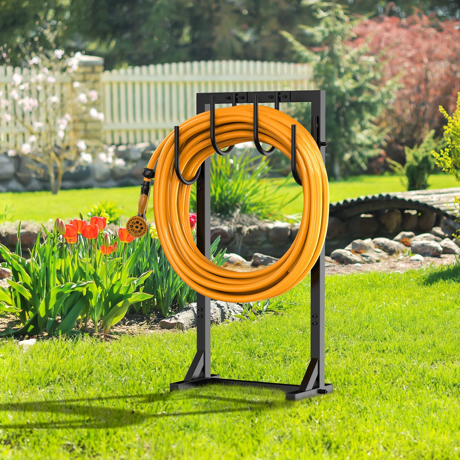 Yumatum Garden Hose Holder Reel, Upgraded Metal Hose Reels Holds 150ft Hose with 4 Large hooks, Heavy Duty Freestanding Water Hose Holders, Detachable Hose Storage Hanger for Outside