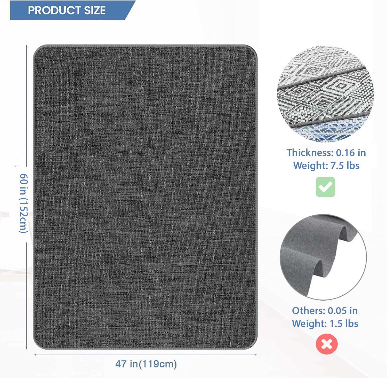 RccugmatS Chair Mat for Hardwood & Tile Floor, 47" x 60" Heavy Duty Office Chair Mat for Rolling Chairs, Anti Slip, Non-Curve, Floor Protector for Home Office, Gray