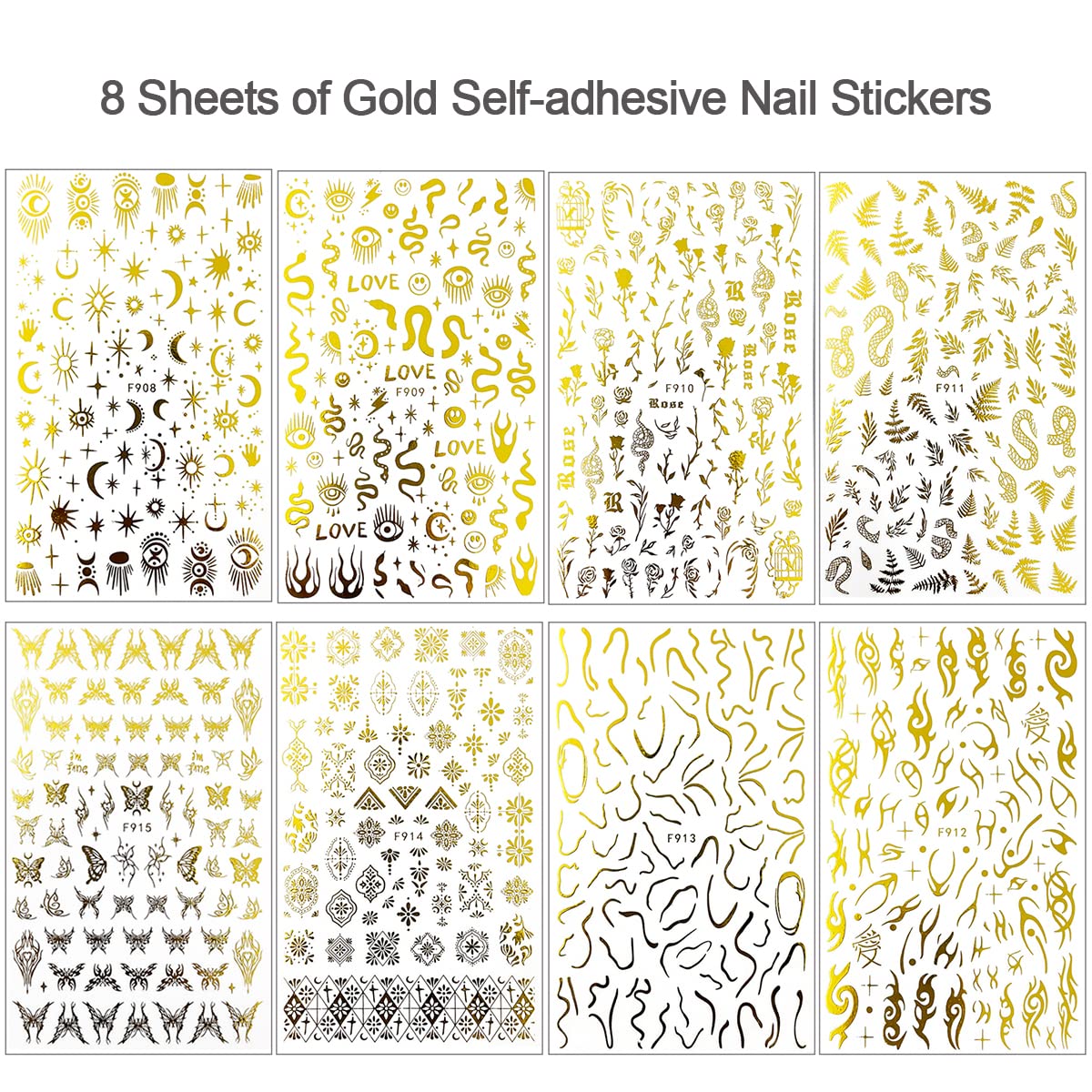 8 Sheets Gold Snake Nail Stickers 3D Bronzing Rose Eyes Heart Nail Art Decorations Self-Adhesive Stickers for Acrylic Nail Art Decals Women Nail Accessories Nail Supplies