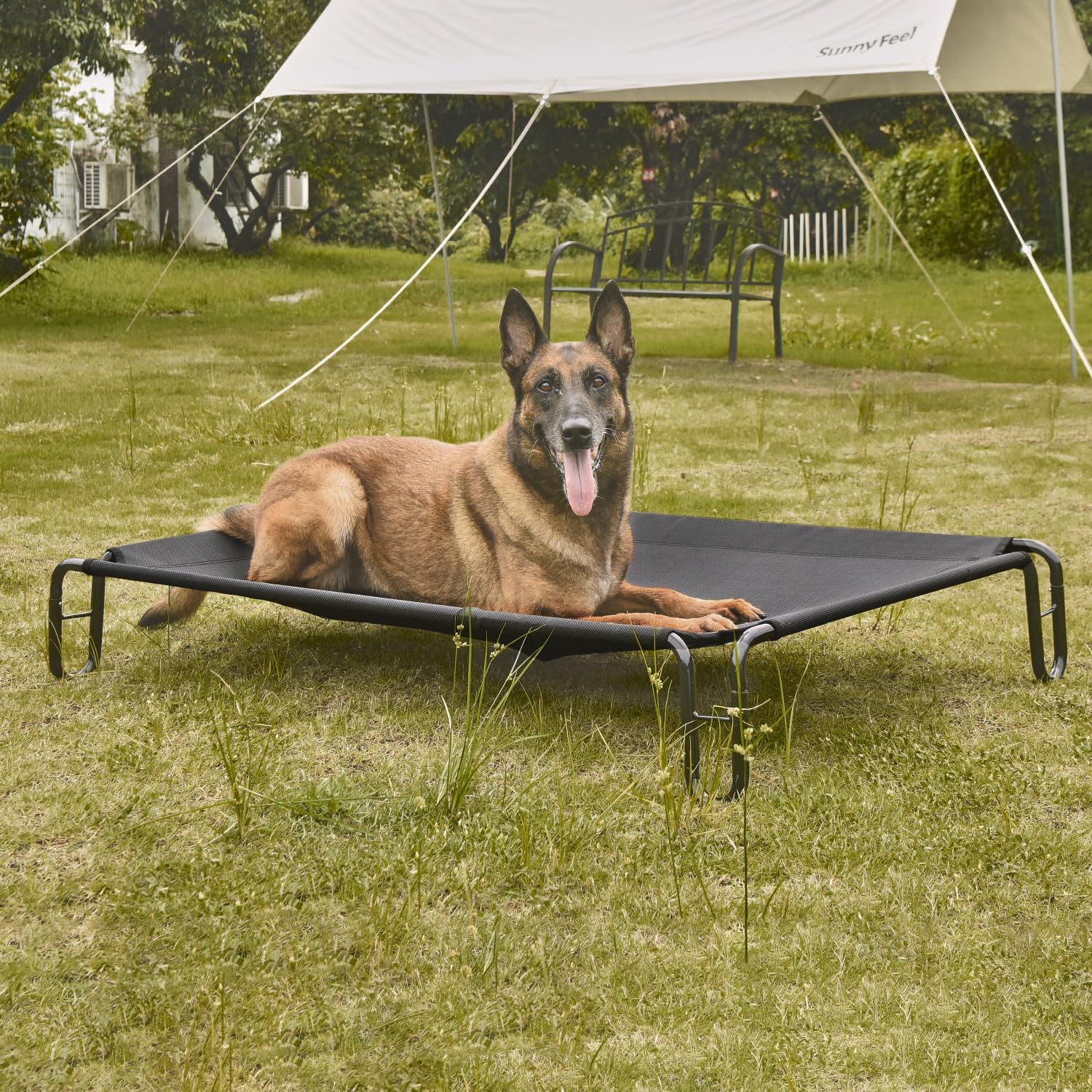 pettycare Elevated Outdoor Dog Bed - Raised Dog Bed for Large Dogs, Waterproof Dog Cot Bed Easy to Assemble, Cooling Elevated Dog Bed with Breathable Teslin Mesh, Durable, Non Slip, Up to 65 lbs,Black