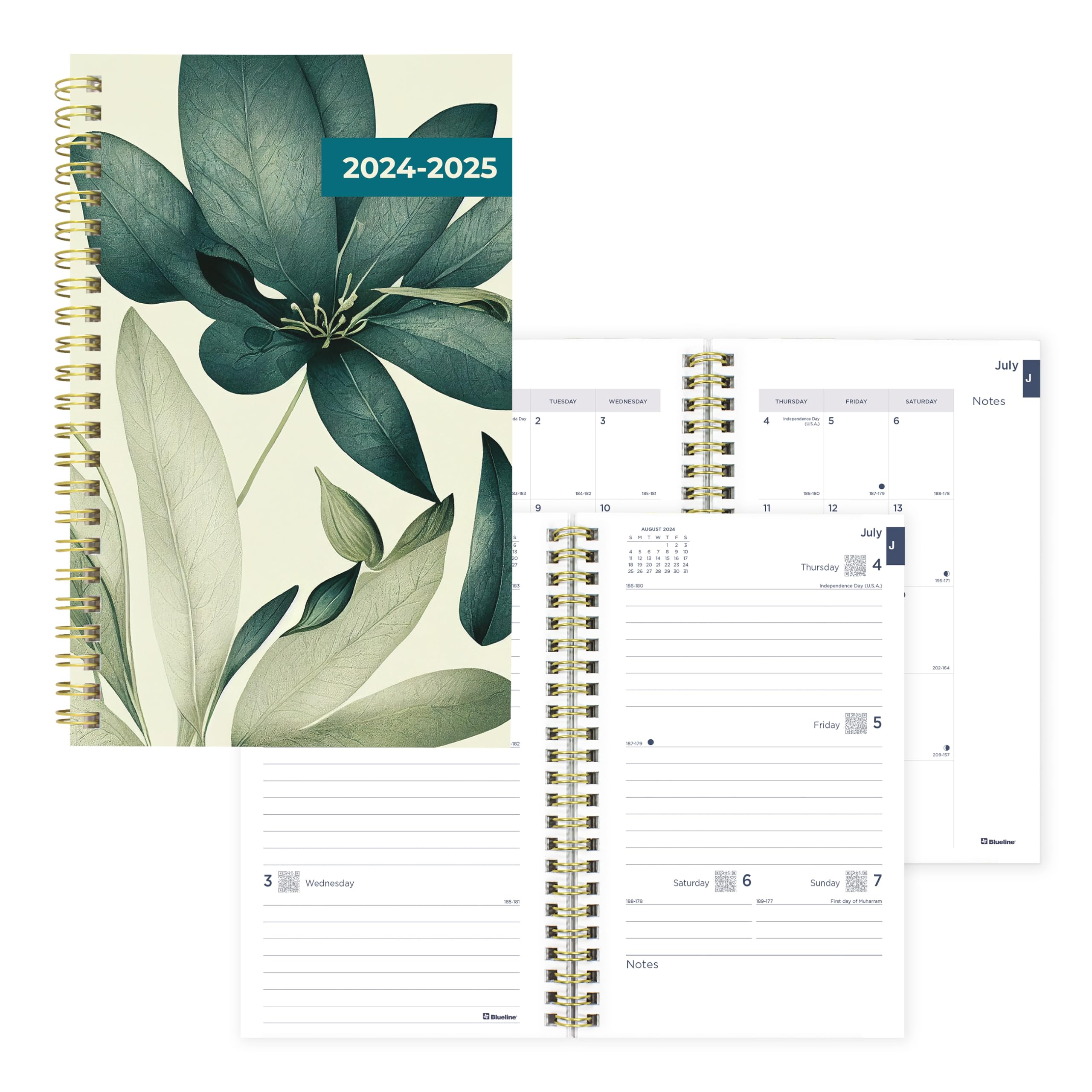 Blueline® Essential Academic Weekly/Monthly Planner, 13 Months, July 2024 to July 2025, Gold Twin-Wire Binding, Poly Cover, 8" x 5", Foliage Design, Green (CA114PI.01-25)