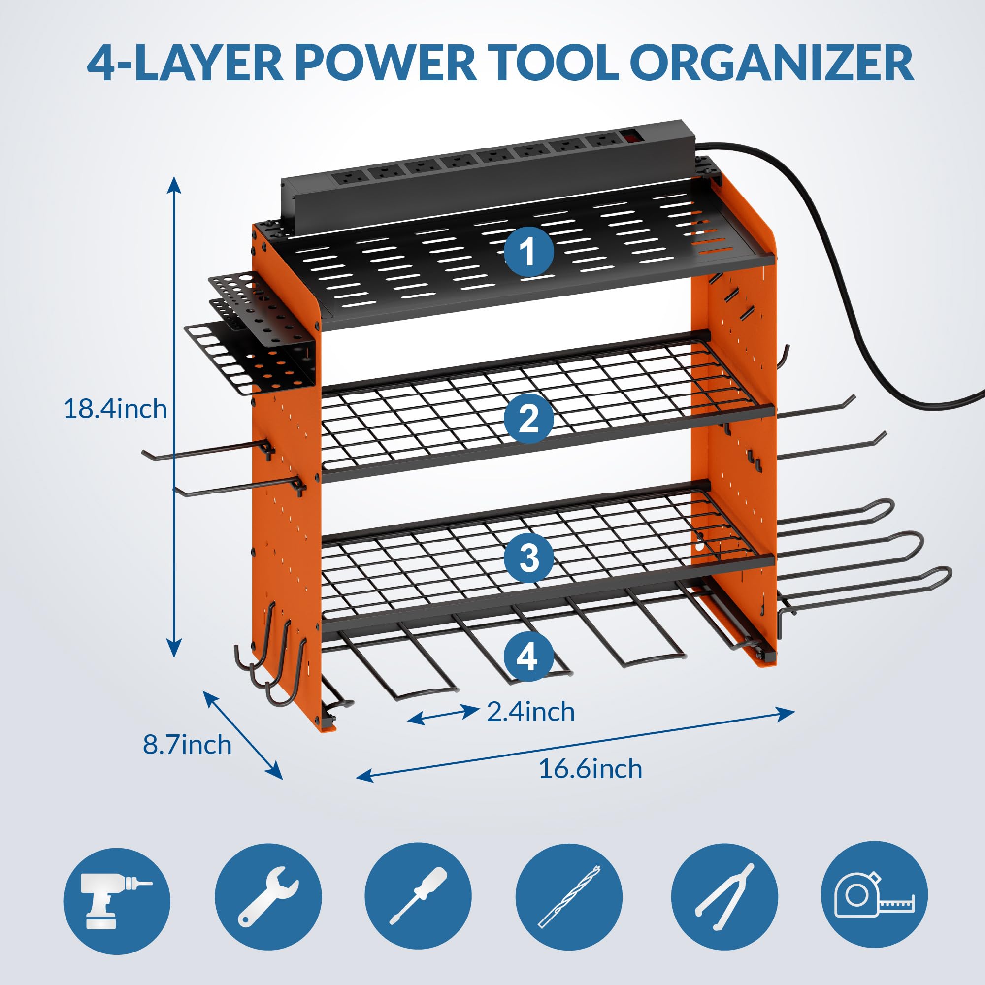 Sttoraboks Modular Power Tool Organizer with Charging Station, Wall Mount Garage Shelf Rack with Hooks for 6 Drills, 4-Layer Shelf, Heavy Duty Tool Battry Holder Built in 8 Outlet Power Strip, Orange