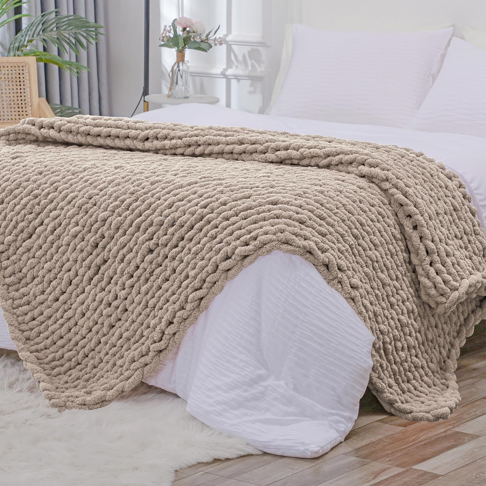 Bigacogo Chunky Knit Throw Blanket for Couch, 60x80 inches, 100% Hand Knitted with Thick Jumbo Chenille Yarn, Cozy Soft Large Rope Knot Cable Crochet Blankets for Sofa Bed Living Room, Taupe