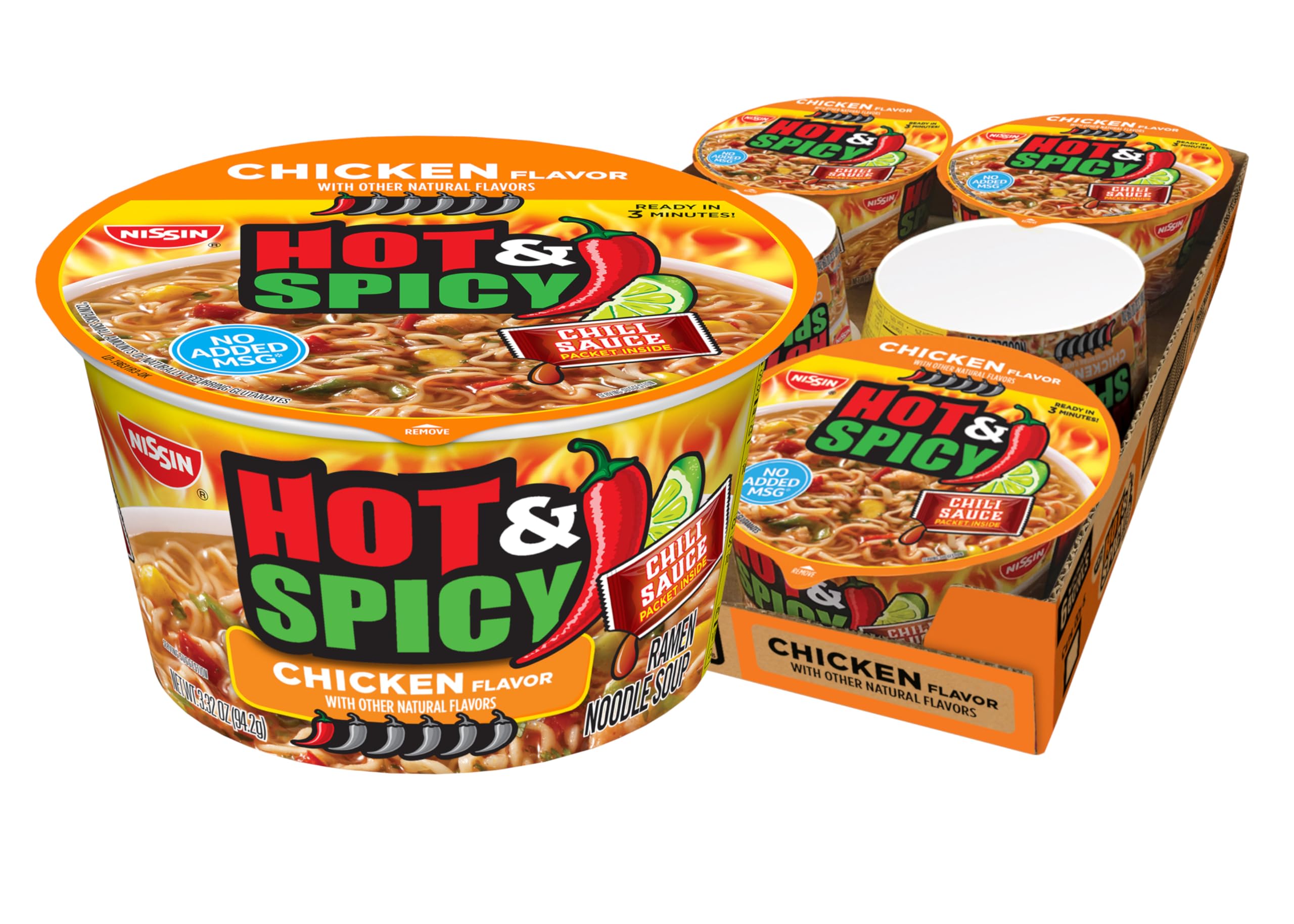 Nissin Hot & Spicy Ramen Noodle Soup, Chicken, 3.32 Ounce (Pack of 6)