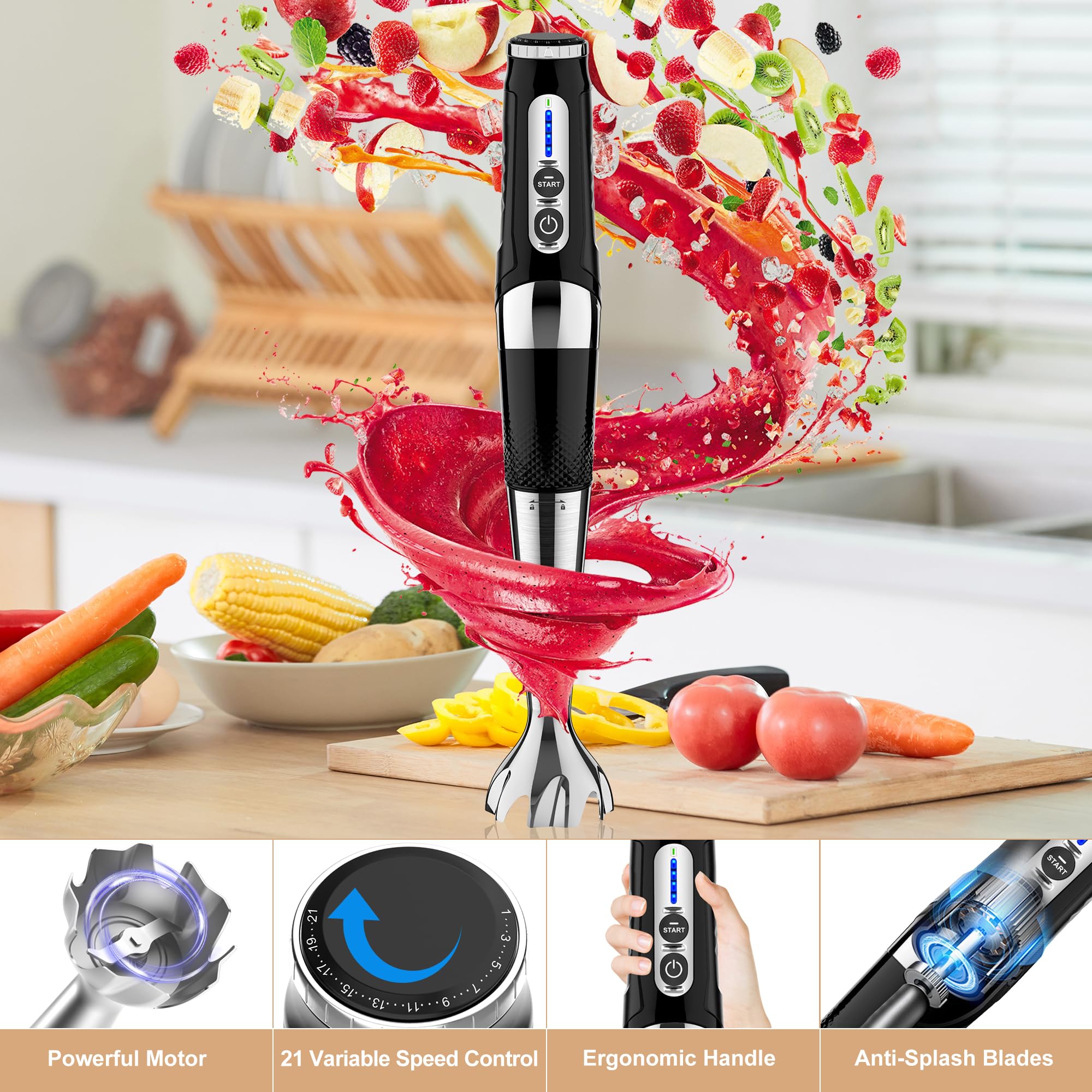 Cordless Immersion Blender: 4-in-1 Rechargeable Electric Hand Blender, 21-Speeds & 3-Angle Adjustable with 700ml Chopper, 700ml Beaker, Egg Whisk and Beater for Smoothies, Soup, Baby Food (Black)