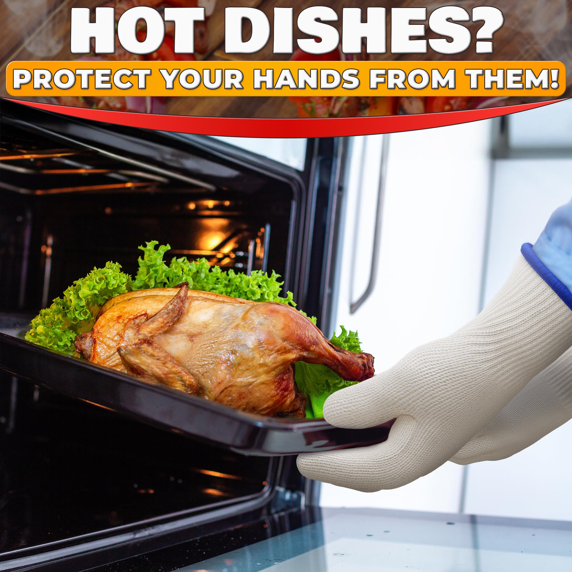 Heat Resistant Gloves for Grilling & Baking - Comfortable Aramid Oven Gloves with Fingers, Thick Knit Design - Ensures Hand Protection and Secure Grip for Handling Hot Pans and Dishes