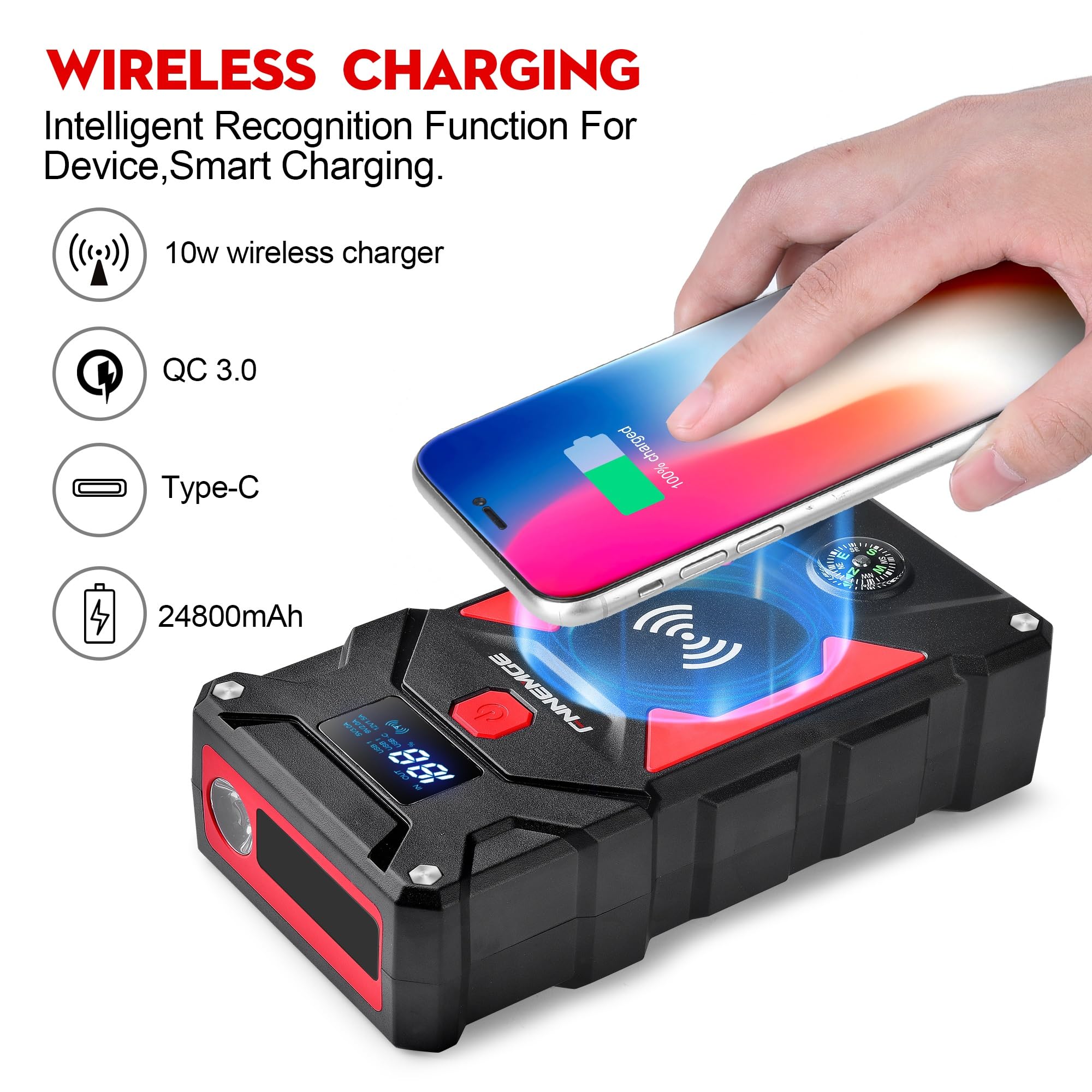 FNNEMGE Car Jump Starter, 5000A Peak 24800mAh 12V Car Battery Starter(Up to All Gas, 8.0L Diesel Engine), with USB Quick Charge 3.0,LED Light,12V EC-5 Output.