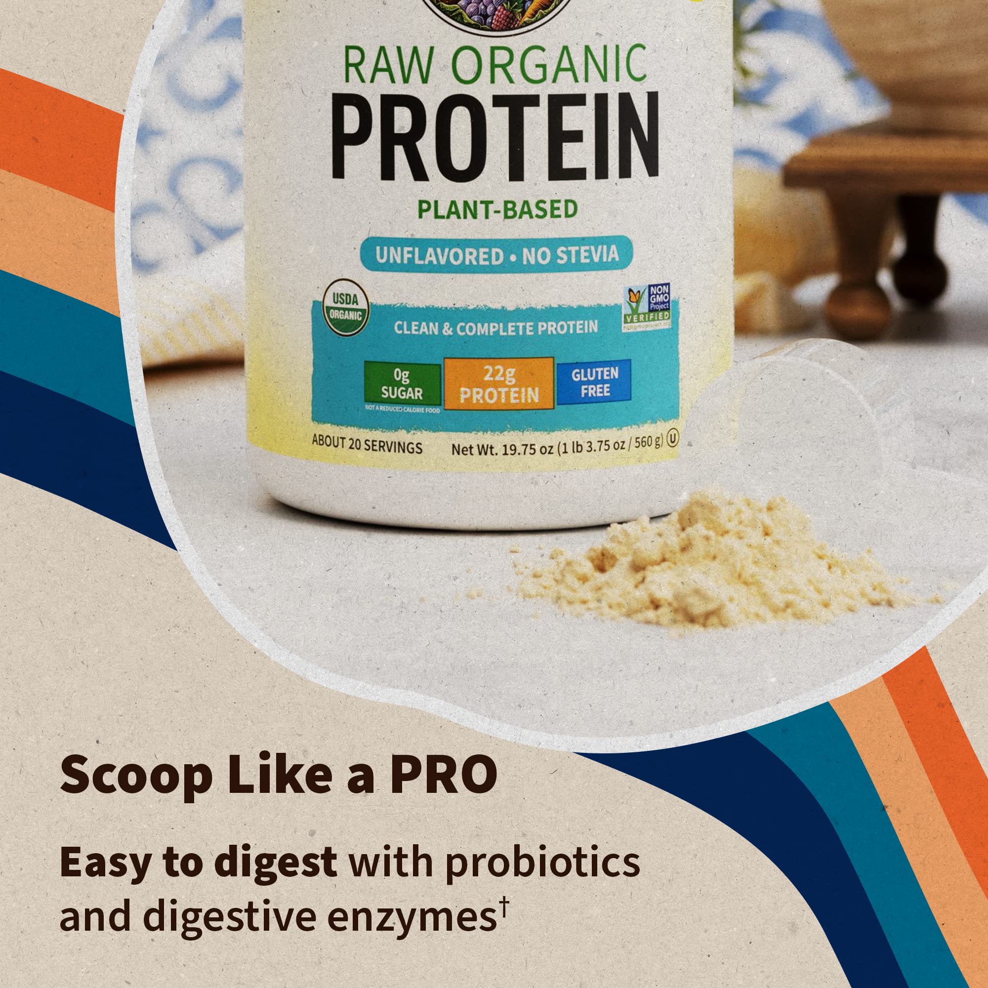 Organic Vegan Protein Powder, Unflavored Protein Powder, Garden of Life 22g Plant Based Protein & BCAAs, Organic Protein Powder with Probiotics & Enzymes, Non-GMO, Gluten-Free Lactose Free 1.2 LB