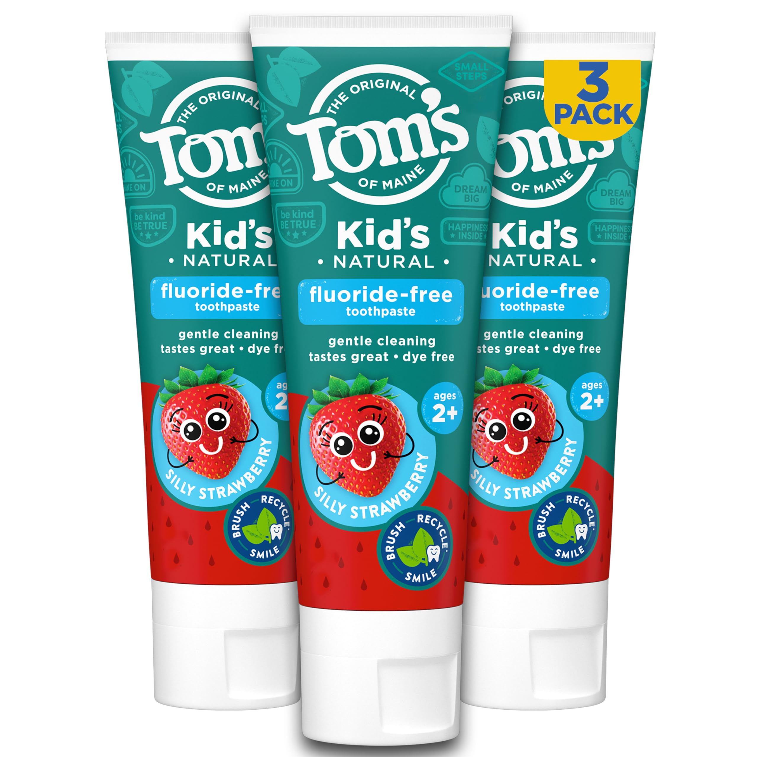 Tom's of Maine Fluoride Free Children's Toothpaste, Natural Toothpaste, Dye Free, No Artificial Preservatives, Silly Strawberry, 5.1 Ounce (Pack of 3) (Packaging May Vary)