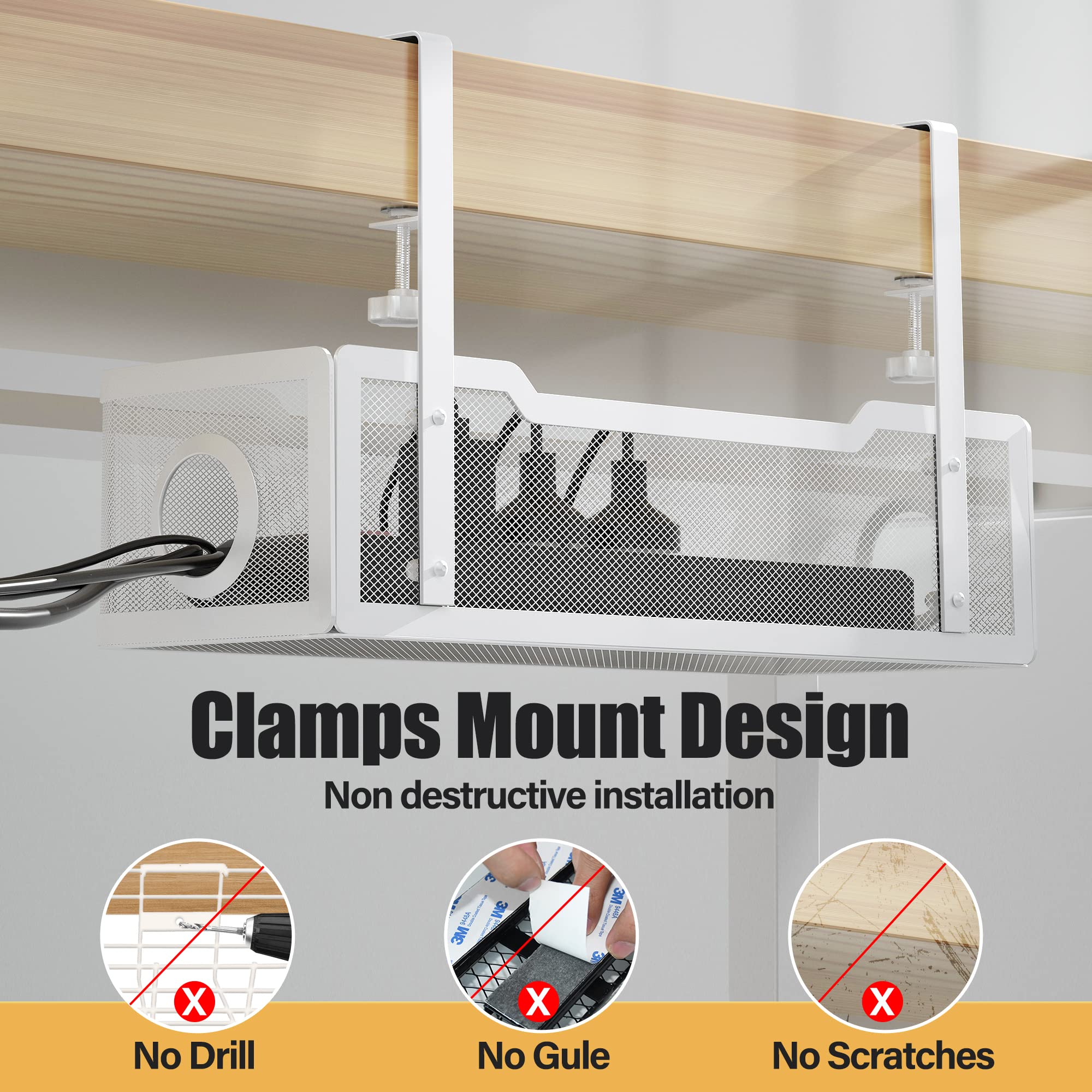 Under Desk Cable Management Tray White, Cinati Cable Management Under Desk No Drill, Cable Tray with Clamp for Desk Wire Management,Desk Cable Management Box for Office, Home - No Damage to Desk