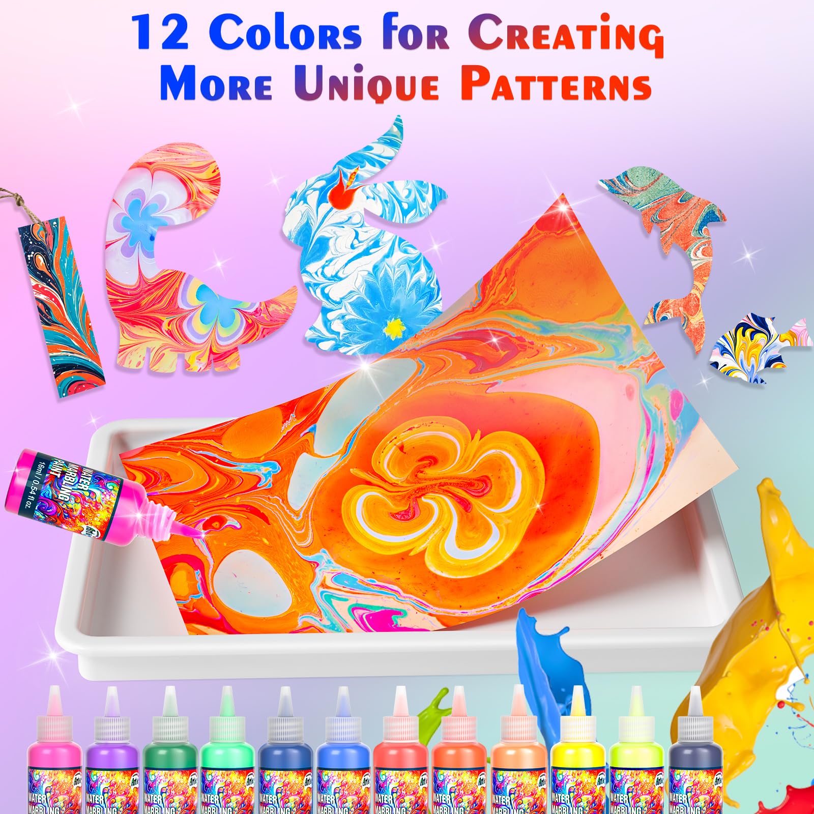 Water Marbling Paint Kit for Kids - Paint Craft Kits 12 Colors Arts and Crafts for Girls & Boys Age 6 7 8 9 10 12 Year Olds Paint Gift Birthday Christmas Thanksgiving Day Activities Toys