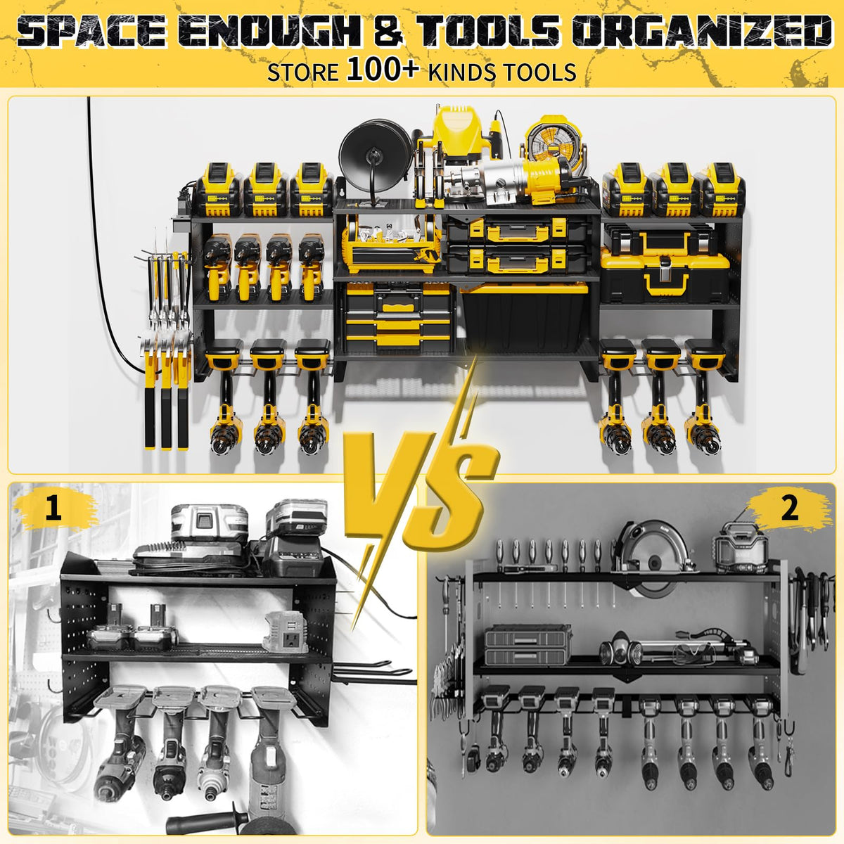Power Tool Organizer with Charging Station,45.6Inch Upgrade Power Tool Holder Storage Rack,6 Drill Holders ,Heavy Duty Garage Tool Organizer Wall Mount with Screwdriver/6.5FT Power Strip (Black)
