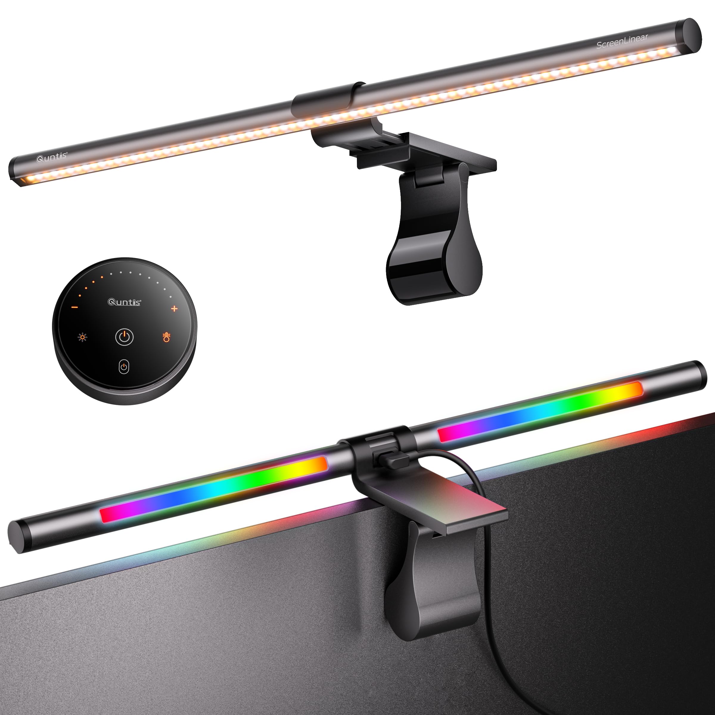 Quntis RGB Pro+ Monitor Light Bar with Remote, 15 Modes Gaming Backlight, 4 Colors & Brightness Dimmable Fronlight, 20" Ra95 Eye-Care USB Reading Monitor Lamp, No Glare, Upgraded Clip for All Monitor