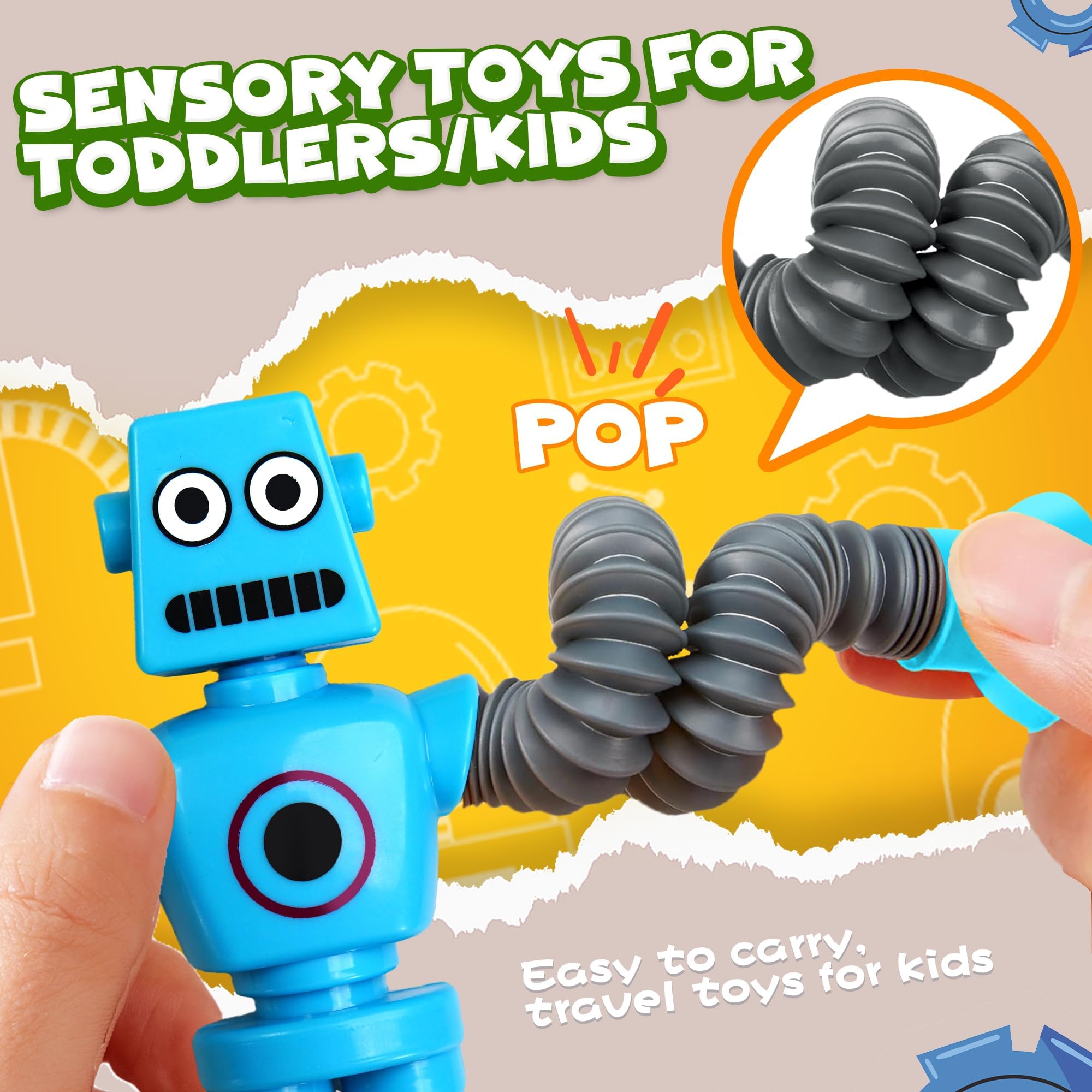 Easter Basket Stuffer Gift for Toddlers Boy Kid Year Old Age 3 4 5 6 7 8, Robot Sensory Travel Toy 4Pcs Airplane Autism Pop Tube Suction Fidget Toy Autistic Christmas Stocking Stuffers Valentines Day