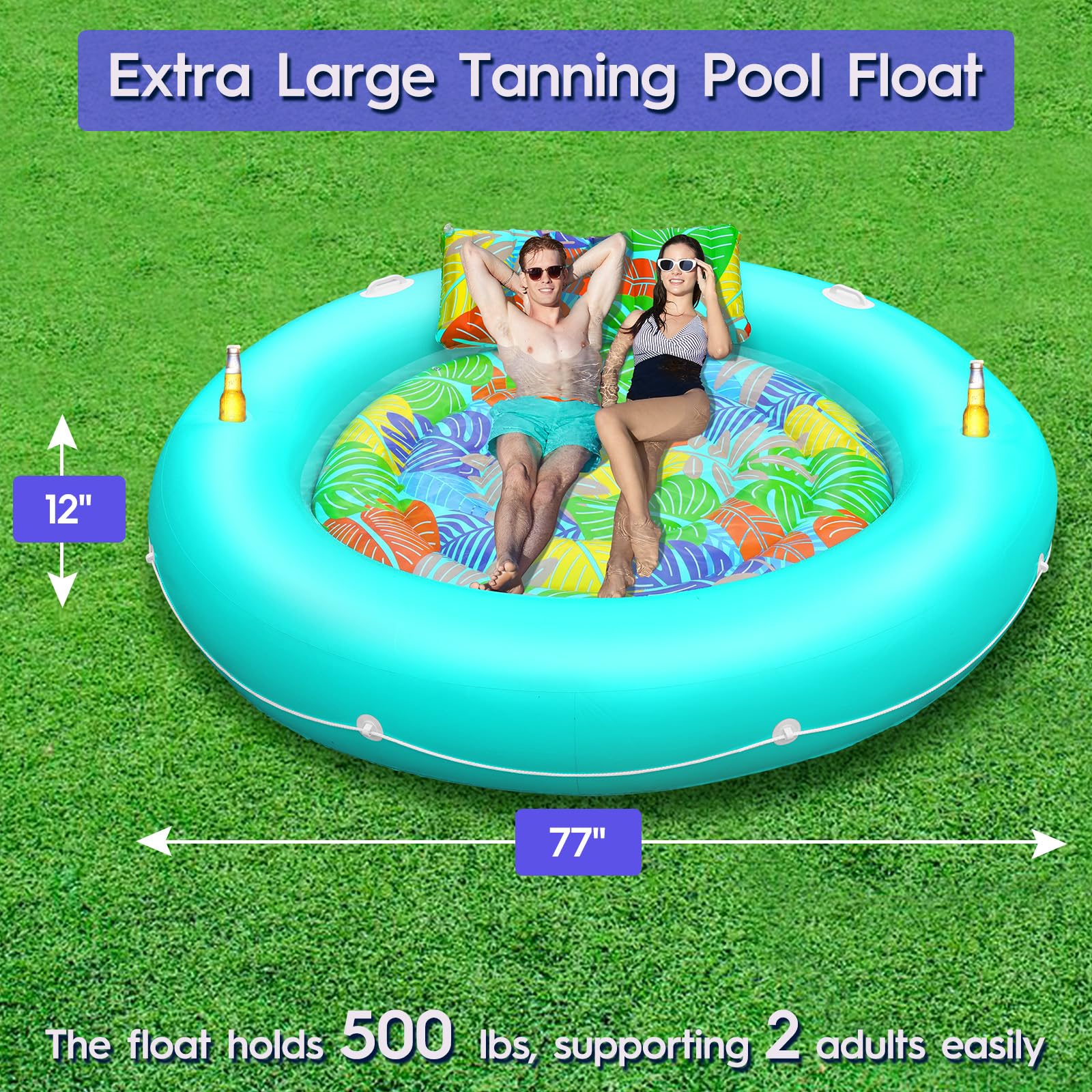 CALOBANA Heavy Duty Tanning Pool Lounger Float with Removable Base, 77'' x 77'' Extra Large Suntan Tub Pool Floats Adults Water Toys for Party Inflatable Round Float for Backyard, Swimming Pool