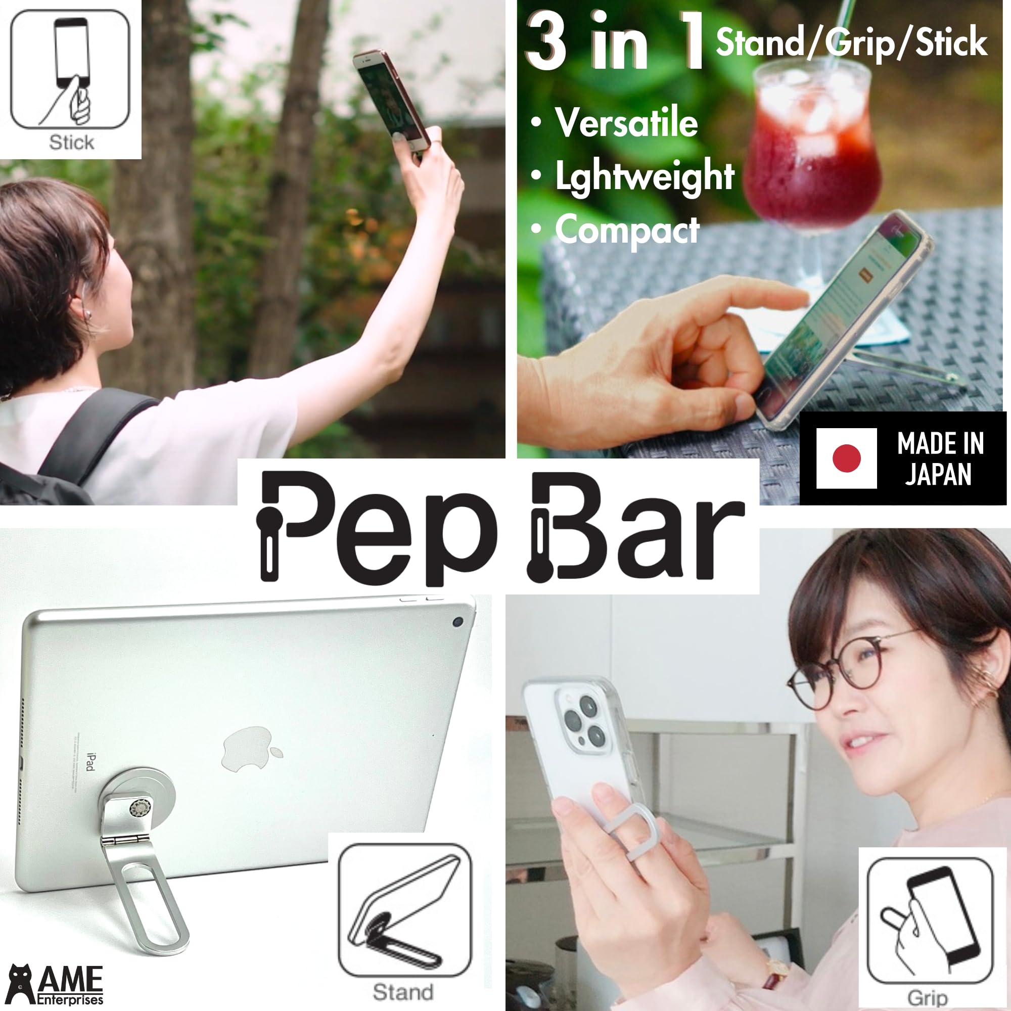 Pep Bar Cell Phone Stand Compatible with MagSafe® Charger 360° Rotation 180°flip Metal Foldable Compact Selfie Stick Grip Ring iPhone Android iPad Tablet (Matte White Sliver) Made in Japan