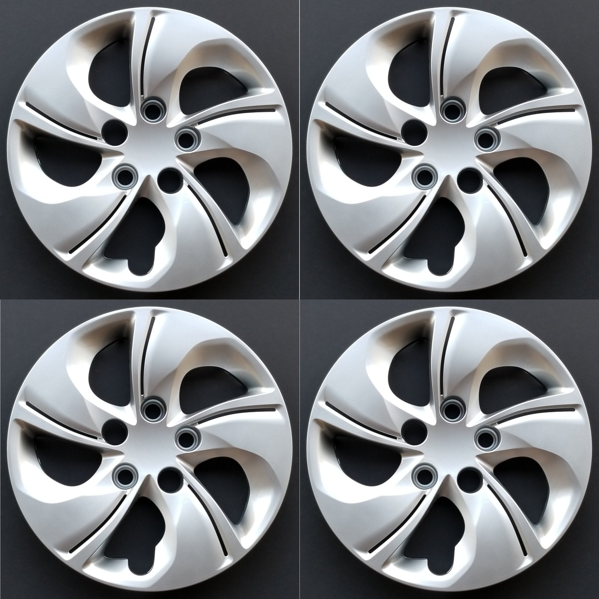 New Wheel Covers Hubcaps Fits 2013-2015 Honda Civic, 15 Inch; 5 Twisted Spoke; Silver Color; Plastic; Set of 4; Bolt On