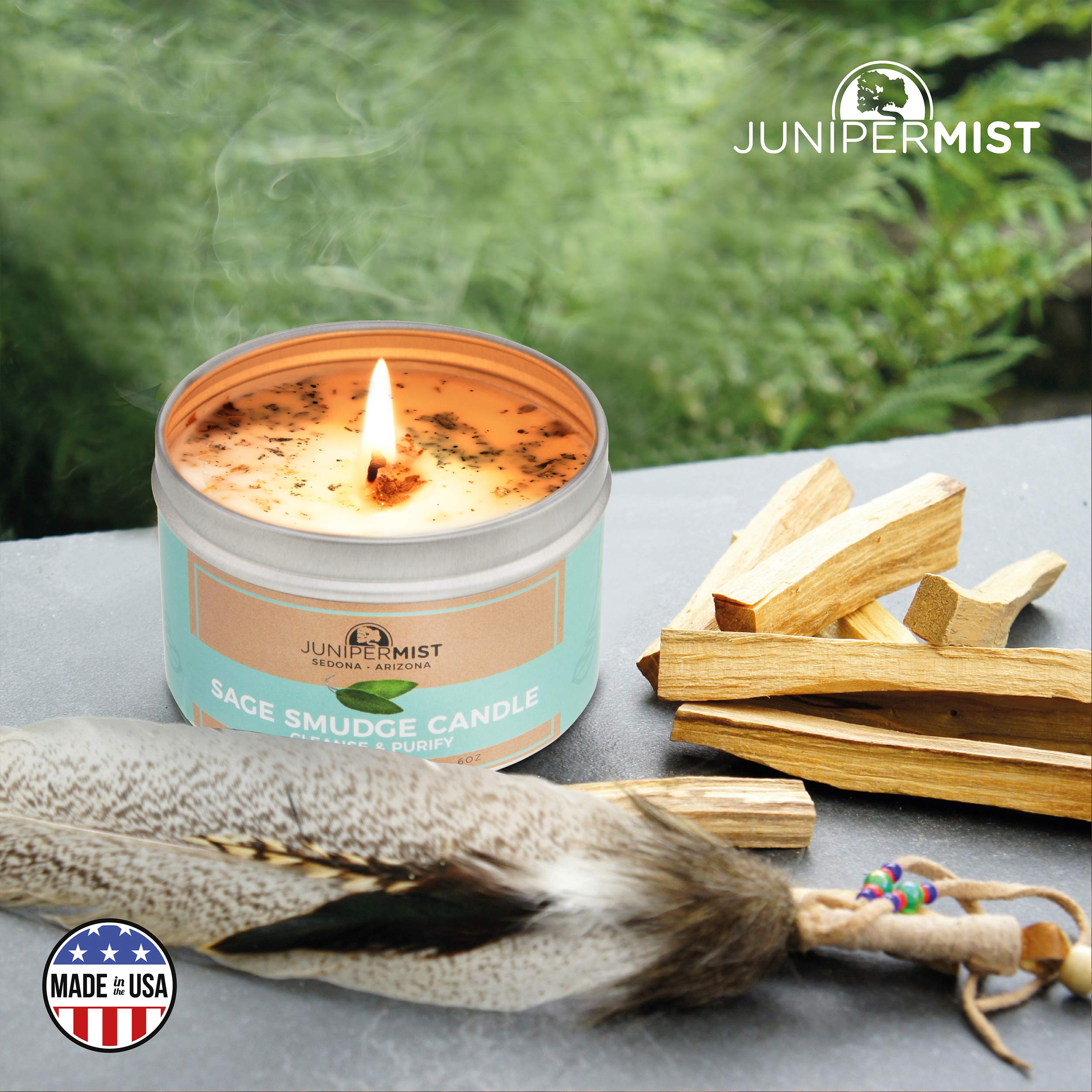 JUNIPERMIST Sage Candle w/White Sage Leaf (6 Oz) - for Meditation & Cleansing Negative Energy - Made in USA with Soy Wax & Essential Oils - Smokeless Alternative to Smudge Sticks