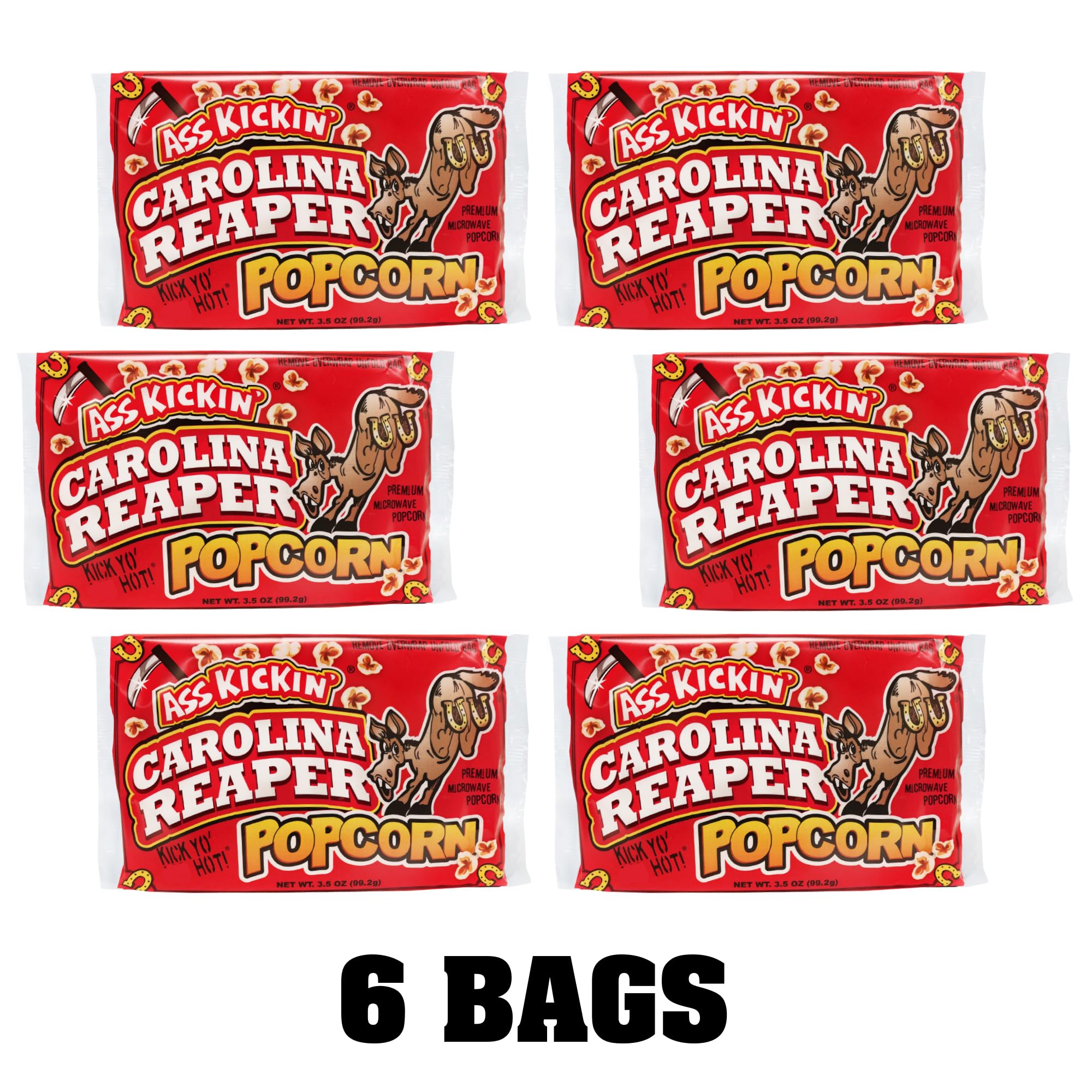 ASS KICKIN’ Carolina Reaper Pepper Microwave Popcorn – 6 Pack - Ultimate Spicy Gourmet Gift Popcorn - Makes a Great Movie Theater Popcorn or Snack Food - Try if you dare!