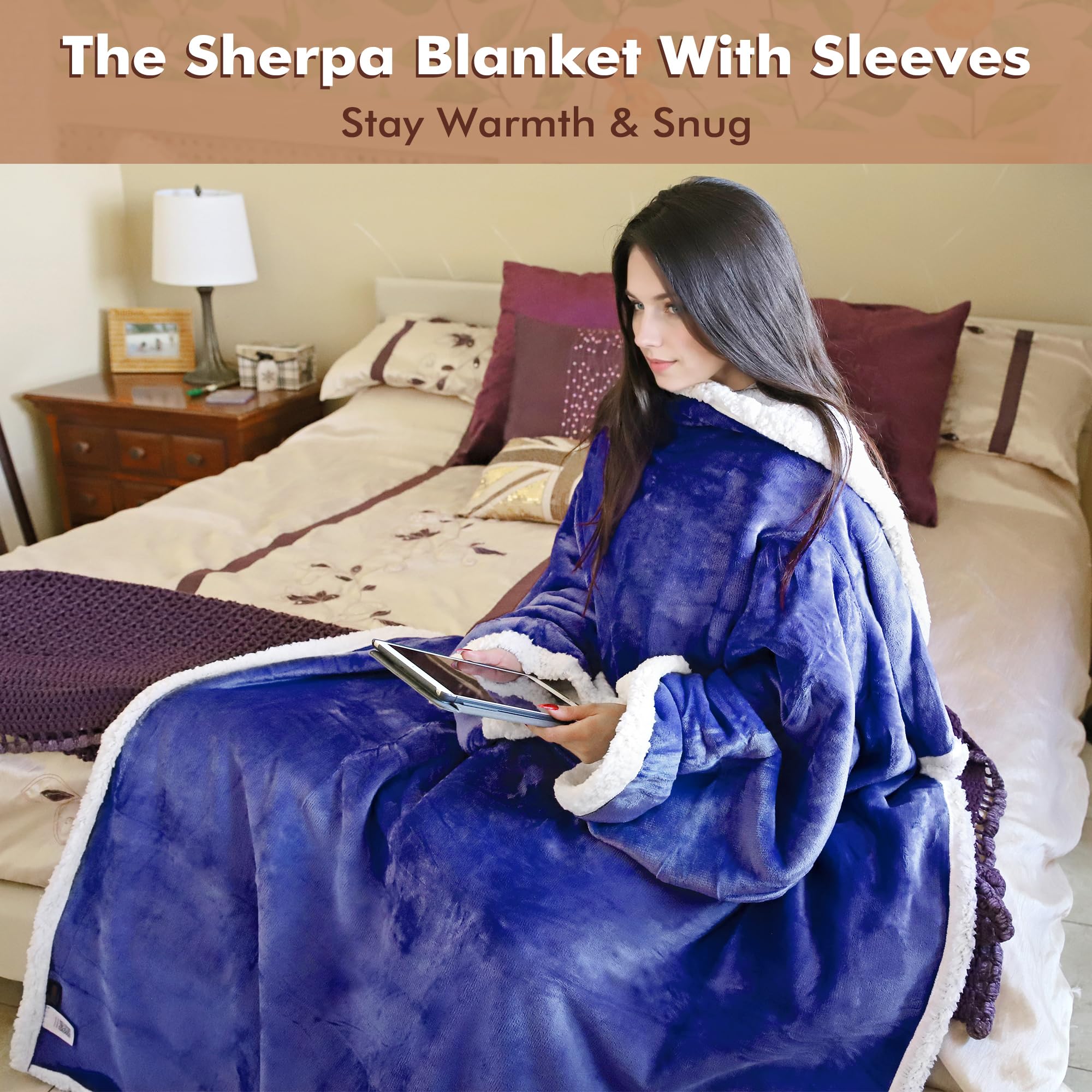 Tirrinia Sherpa Wearable Blanket with Sleeves, Full Body Throw Reading Wrap TV Blankets, Cozy Blanket Robe, Snuggle Gift for Adult Women Men Mom Grandma