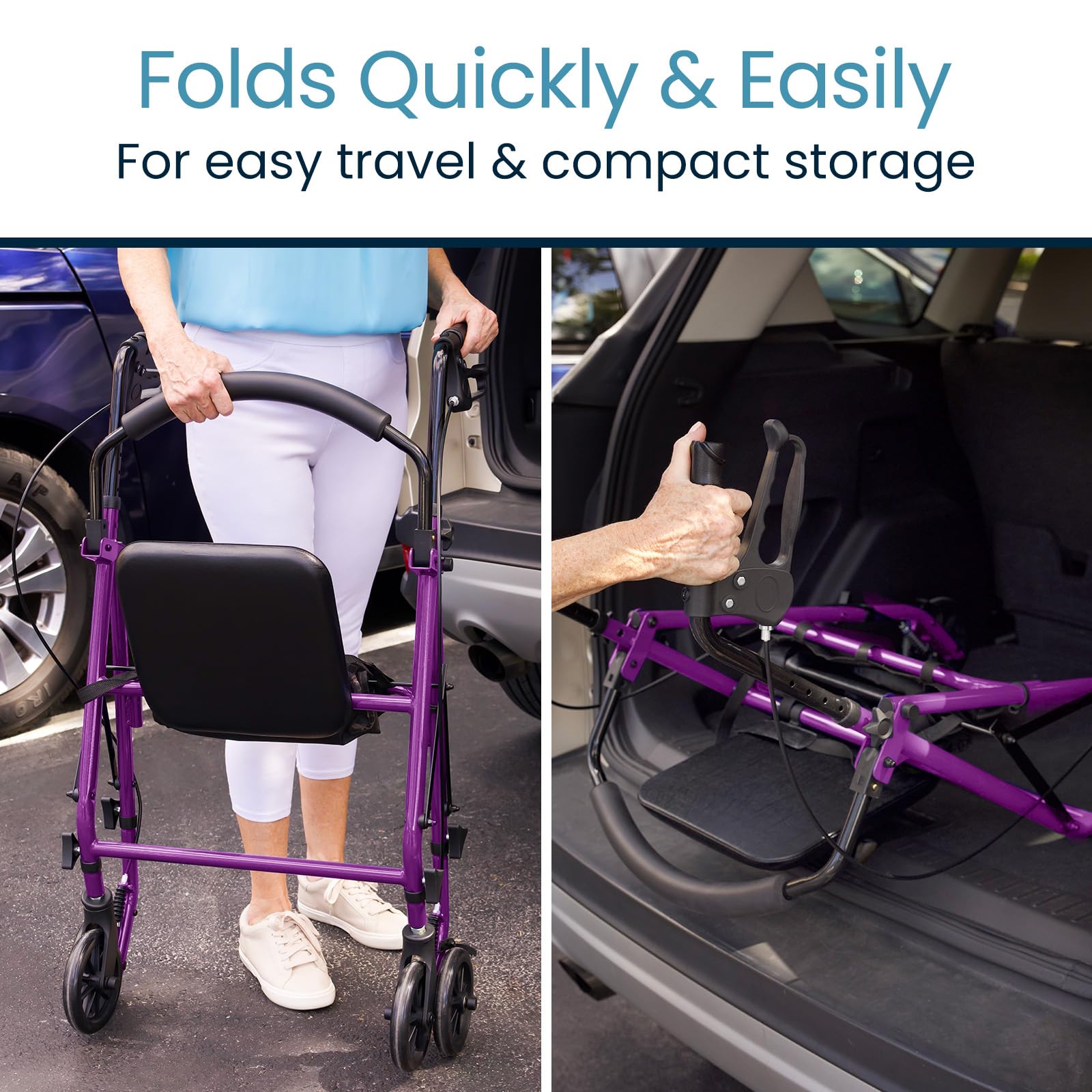 Vive Mobility Steel Rollator Walker with Seat - Foldable, Narrow, Rolling Senior Walker for Small Spaces - 4 Wheel Lightweight Adult Easy Drive with Underseat Storage, Adjustable Height (Purple)