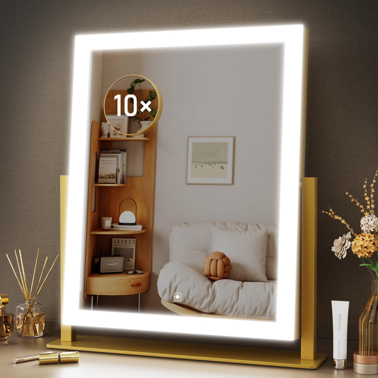 Gvnkvn 15.2" Lighted Makeup Mirror Hollywood Vanity Mirror with Lights, Three Color Modes,Detachable 10X Magnification Mirror, Smart Touch Control, 360°Rotation White