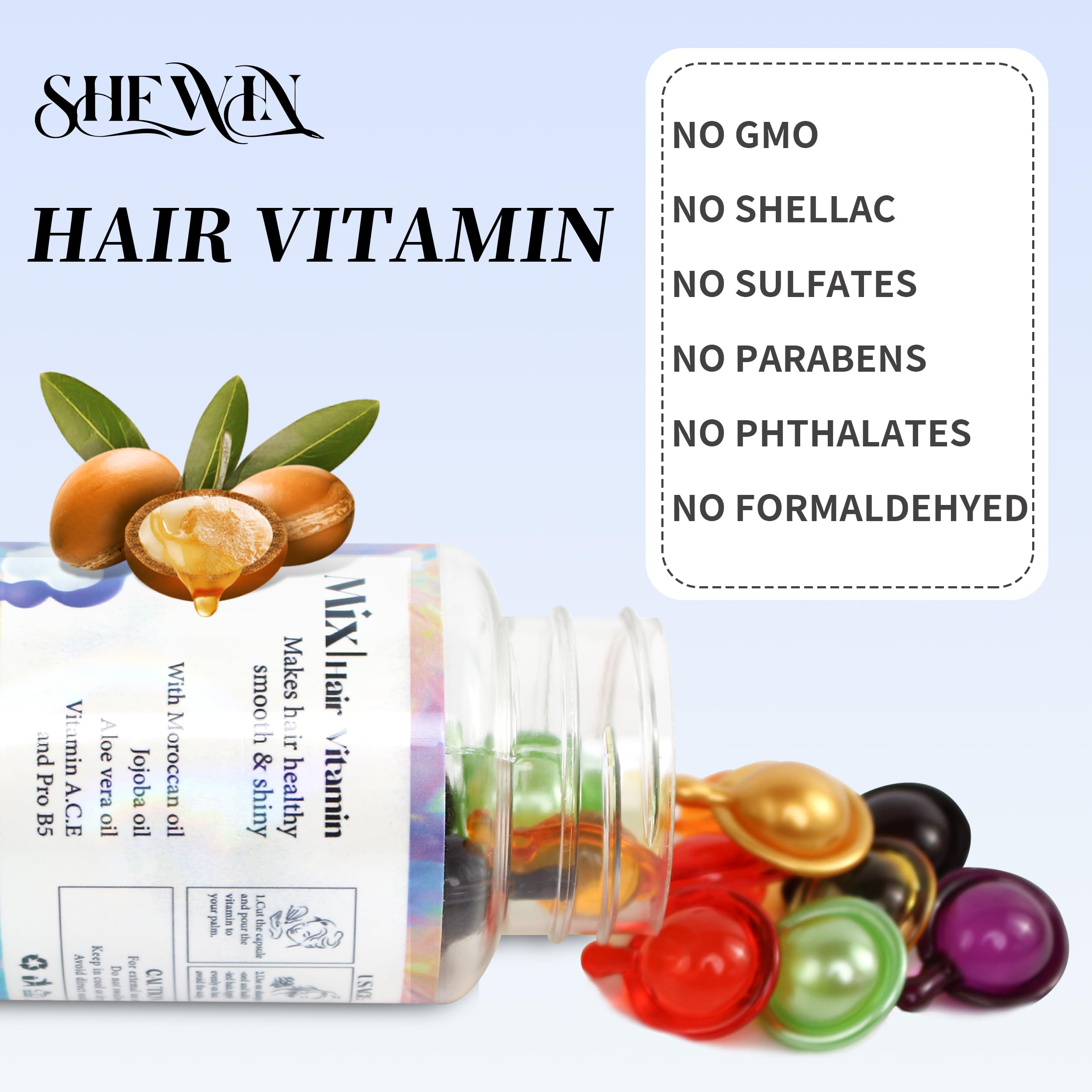 shewin Hair Treatment Serum Capsules - Repair Moisturizing Oil with Vitamins A C E Pro B5, Moroccan Jojoba Aloe Vera Oils, No Rinse and Safe for All Hair (30 Capsules) (30 Capsules, Rose)