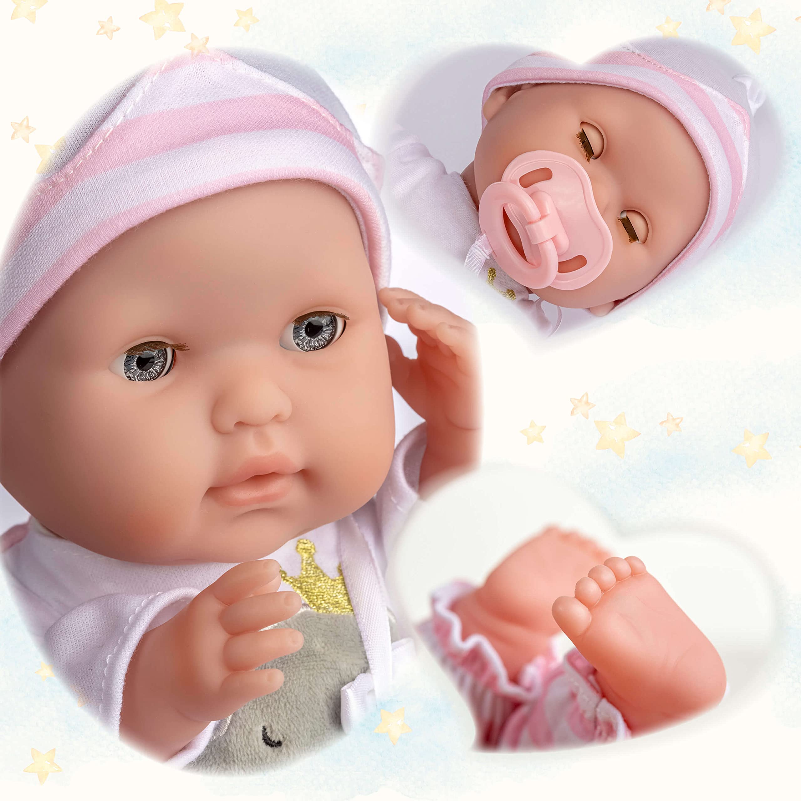 15" Realistic Soft Body Baby Doll with Open/Close Eyes | JC Toys - Berenguer Boutique | 10 Piece Gift Set with Bottle, Rattle, Pacifier & Accessories | Pink | Ages 2+