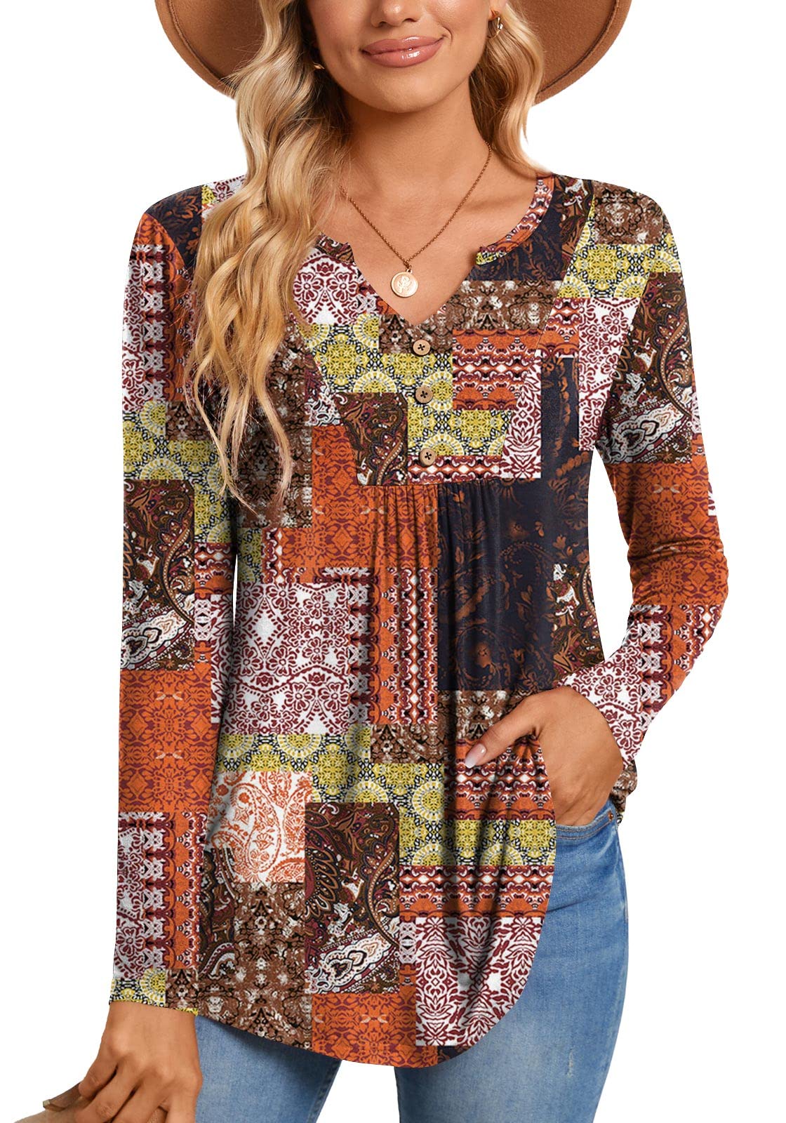 CATHY Womens Long Sleeve Tunic Tops Henley Shirt V-neck Button Down Blouse Casual Pleated Basic Pullover, L, Long Flower Multiple Orange