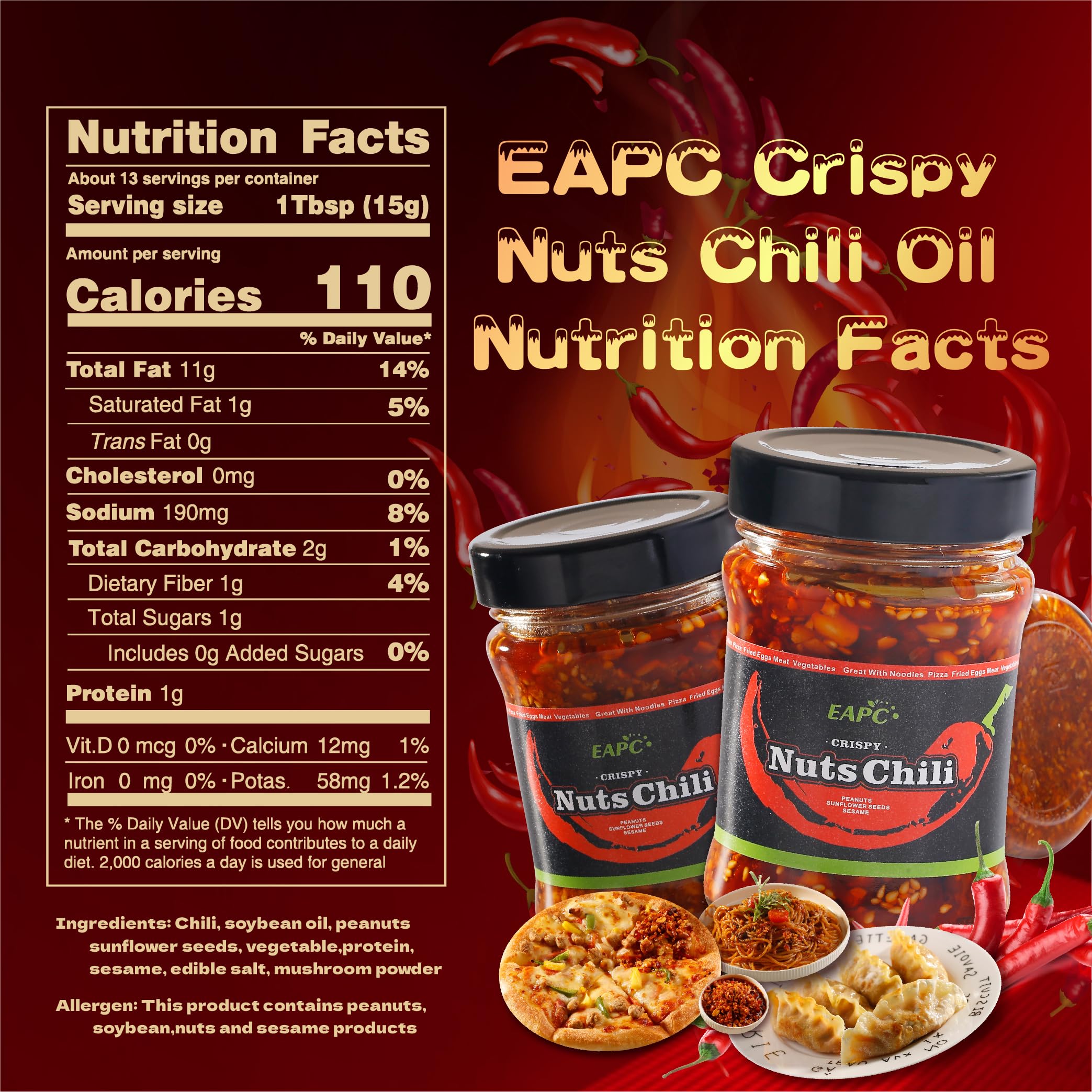 EAPC Crispy Nuts Chili Oil, Extra Crunchy Nuts Chili Sauce with Peanuts, Sunflower Seeds, Sesame, Chili Crisp Oil Sauce, Ready to Eat and Use as Sauce, Condiment,190g/6.7oz