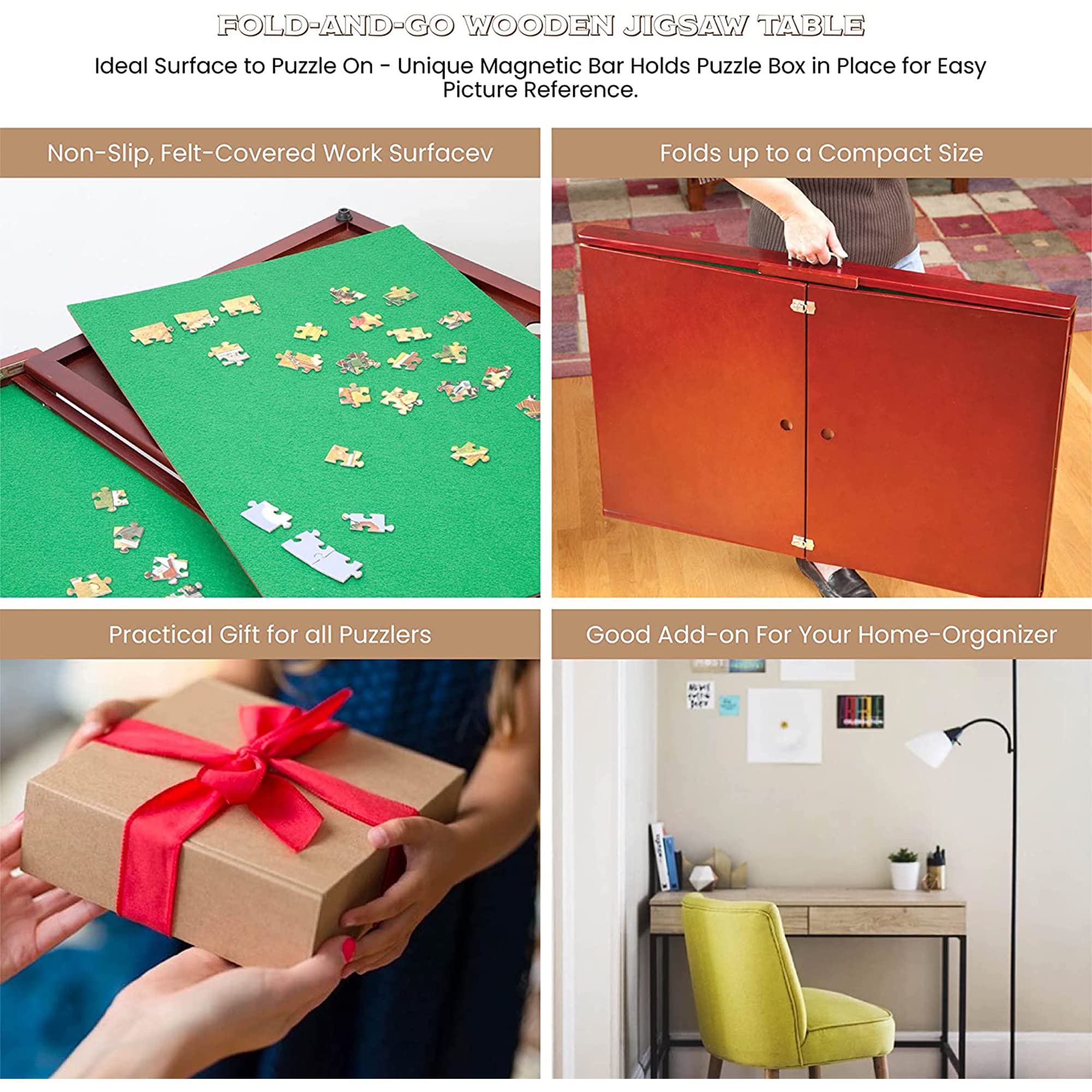 Bits and Pieces Fold-and-Go Wooden Jigsaw Puzzle Table with Legs, Foldable Puzzle Board for Up to 1500 Pieces, 30" Tall, 25" x 34" Assembly Surface