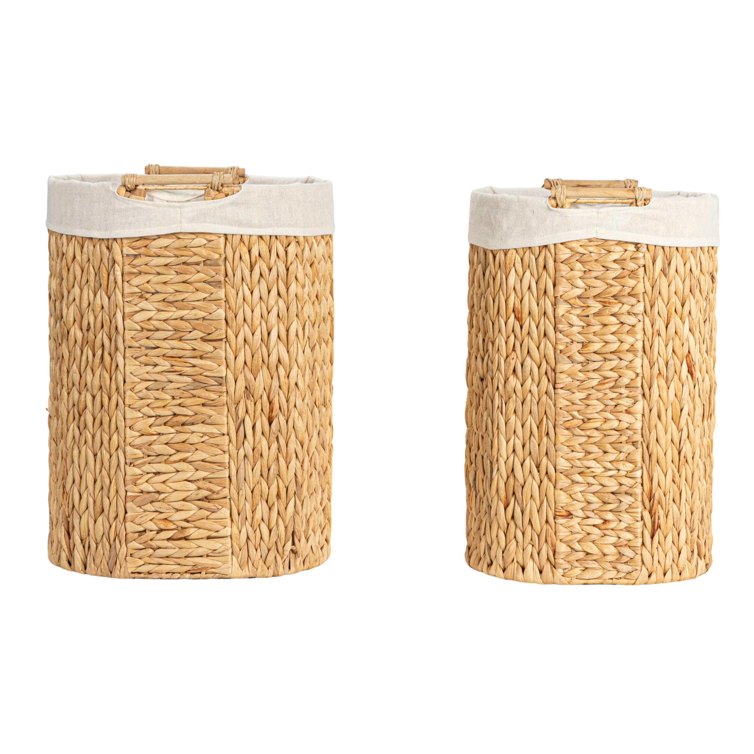 Household Essentials Handwoven Water Hyacinth Oval Hamper Set with Cotton Lining, Natural, Set of 2