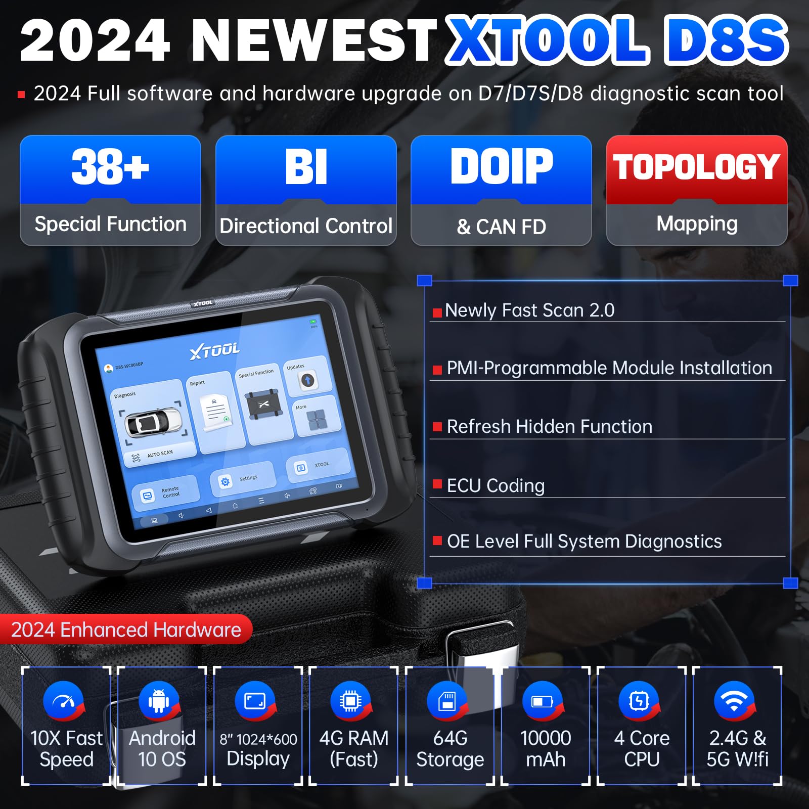 XTOOL D8S Bidirectional Scan Tool 2024 Upgraded Ver. of D8 Scanner, OBD2 Scanner Diagnostic Tool, Topology Mapping, ECU Coding, 38+ Resets, CAN FD & DoIP, All System Scanner for Car with 3-Year Update