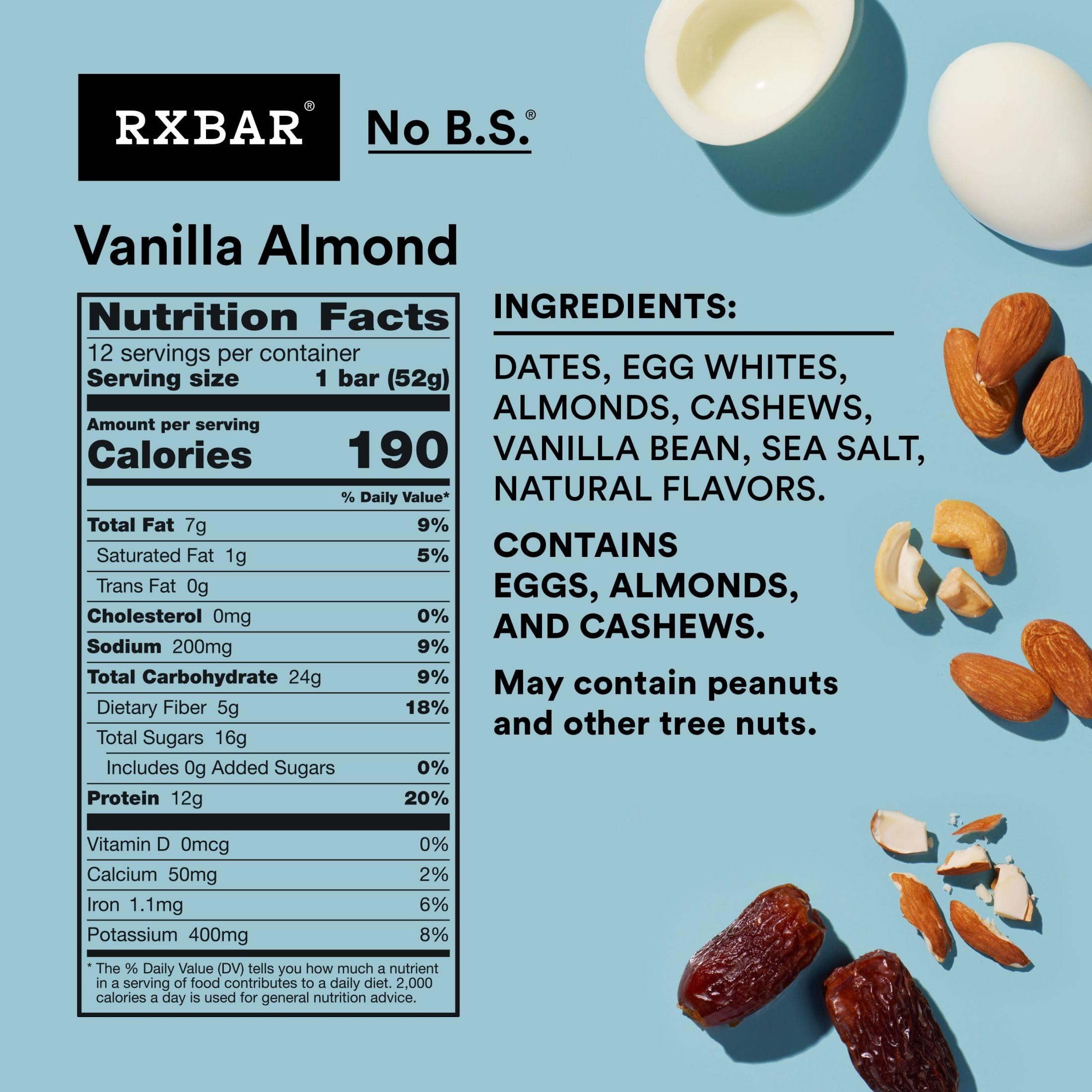 RXBAR Protein Bars, Protein Snack, Snack Bars, Vanilla Almond, 22oz Box (12 Bars)