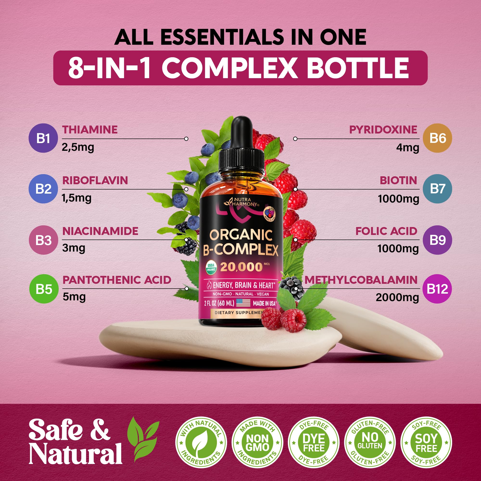 USDA Organic Vitamin B-Complex B5 Pantothenic Acid | B12 Methylcobalamin | B1 Thiamine | B6 Pyridoxine | B7 Biotin | B9 Folic | B3 Niacinamide - B Complex Liquid Drops, Made in USA Supplement, 2fl oz