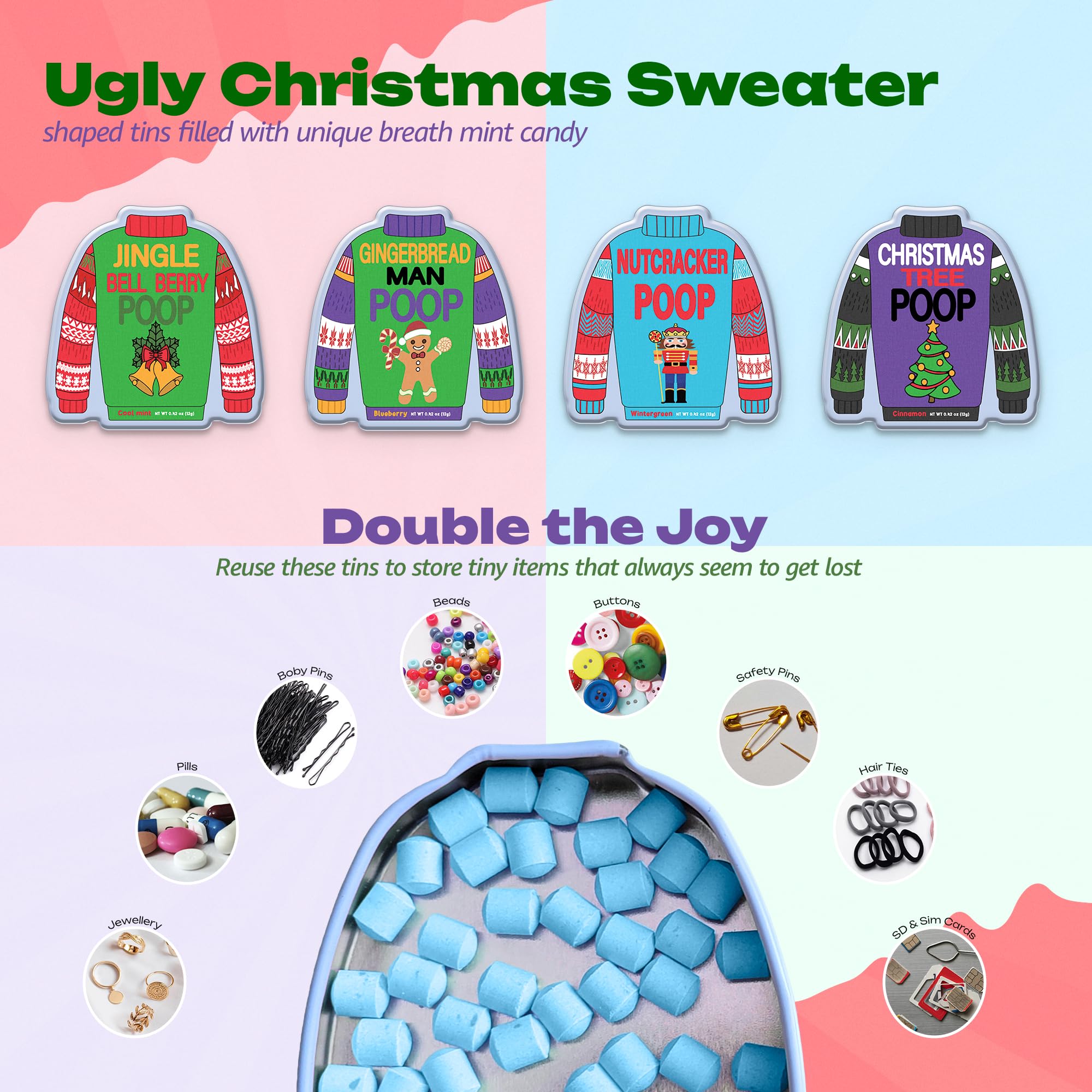 Christmas Poop Mint Candy 4-Pack in Ugly Sweater Tins – Funny Christmas Candy, Stocking Stuffers for Adults, and Teens – Fun Breath Mints, Unique Christmas Gifts