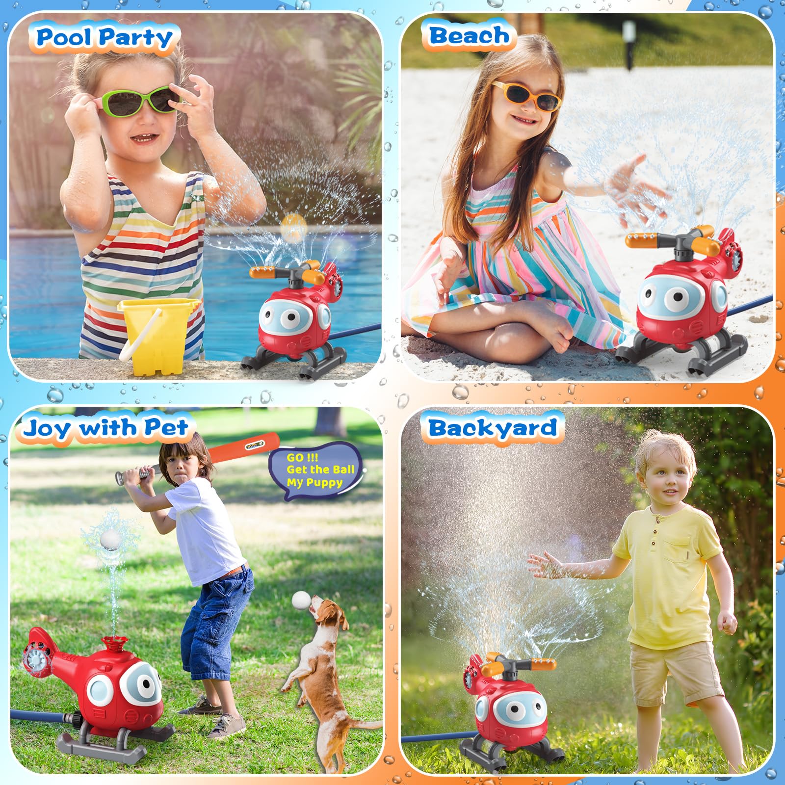 CozyJoyz Water Sprinkler Baseball Toy for Kids, 2 in 1 Helicopter Water Sprinkler T Ball Set with 2 Spray Modes, Summer Outdoor Water Spray Toys for Toddlers Yard, Ages 3+