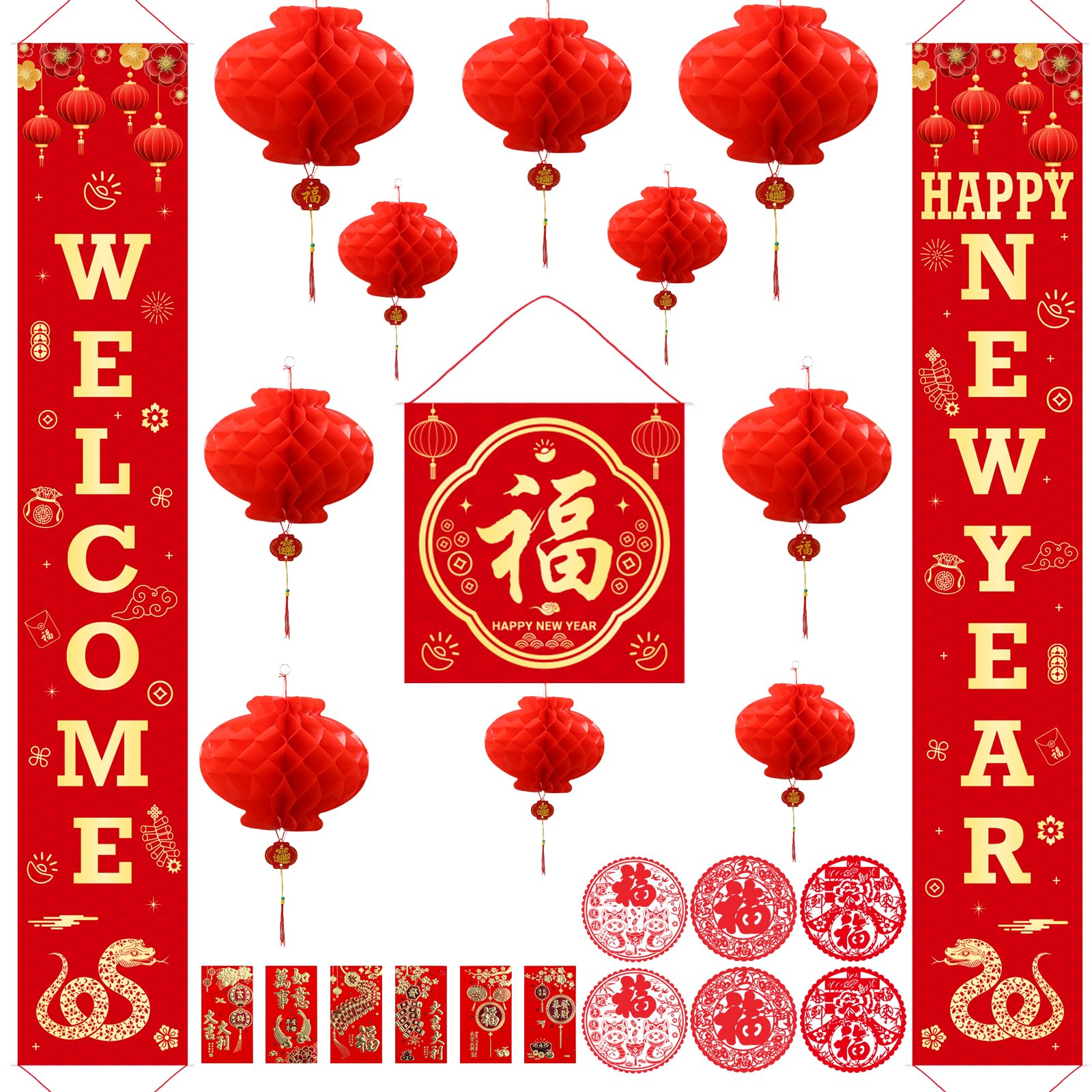 2025 Chinese New Year Decorations Set, Lunar New Year Decor Couplet Chunlian Fu Character New Year Porch Sign Window Decor Red Lanterns Red Envelope for Spring Home Office Festival Party Decorations