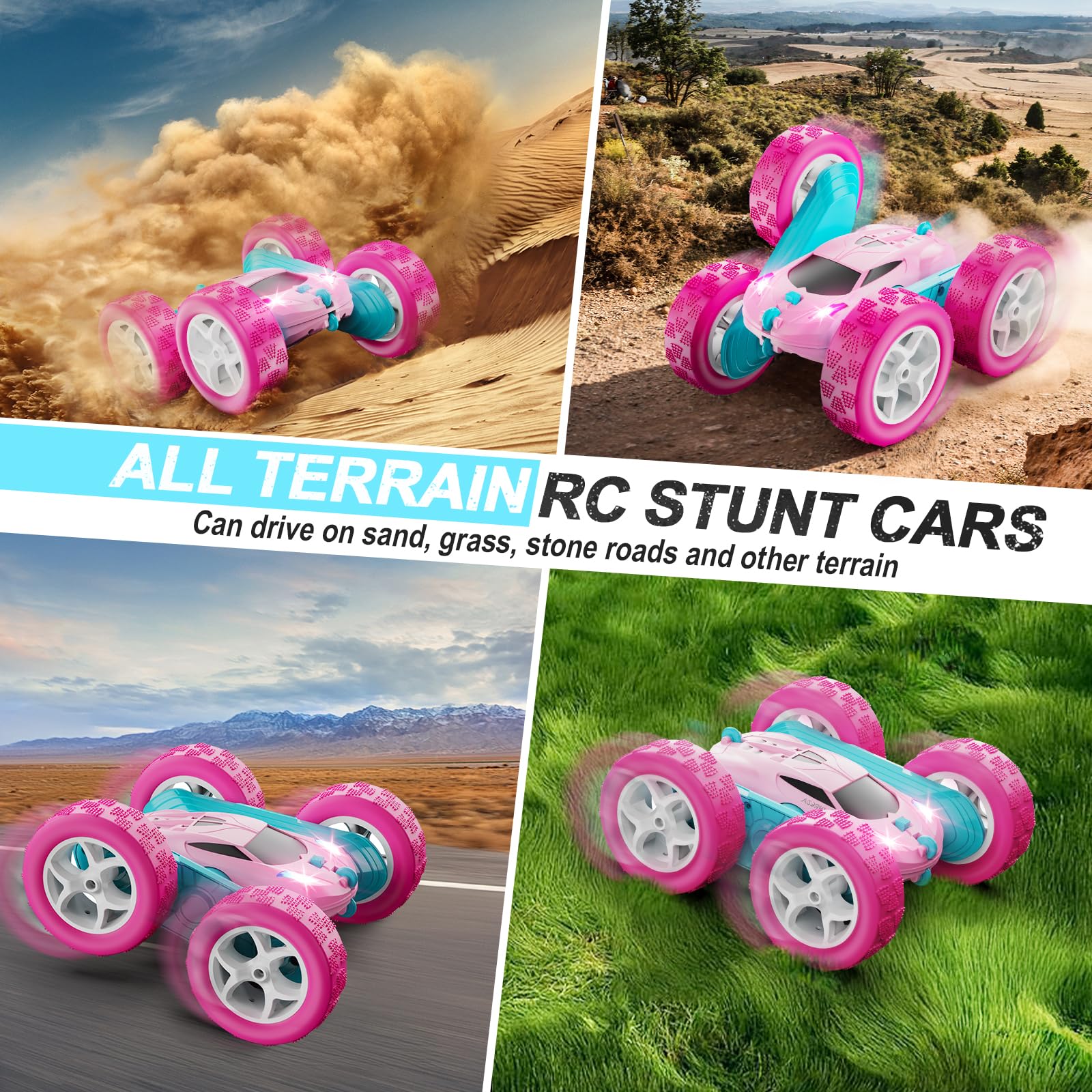 QUNREDA RC Cars, Pink Remote Control Car for Girls, 2.4 GHZ Double Sided RC Stunt Car 360° Rotating Remote Control Crawler with Headlights Car Toys for 6 7 8 9 10 11 12 Girls Birthday