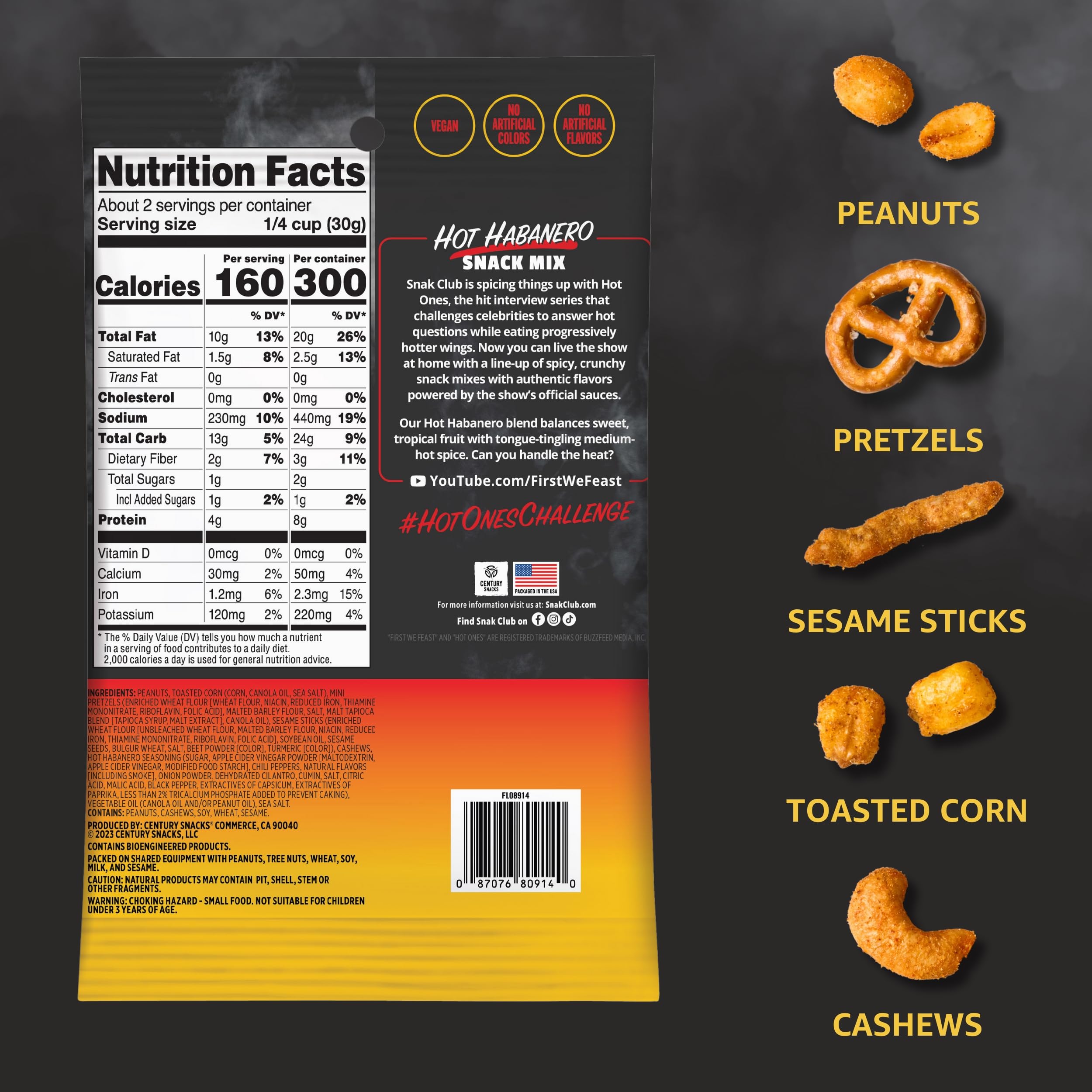 Snak Club x Hot Ones Hot Habanero Snack Mix, Spicy Snacks with Peanuts, Pretzels, Sesame Sticks, Toasted Corn & Cashews, Inspired by Hot Ones Hot Sauce, 2 oz Bag (12 Count)